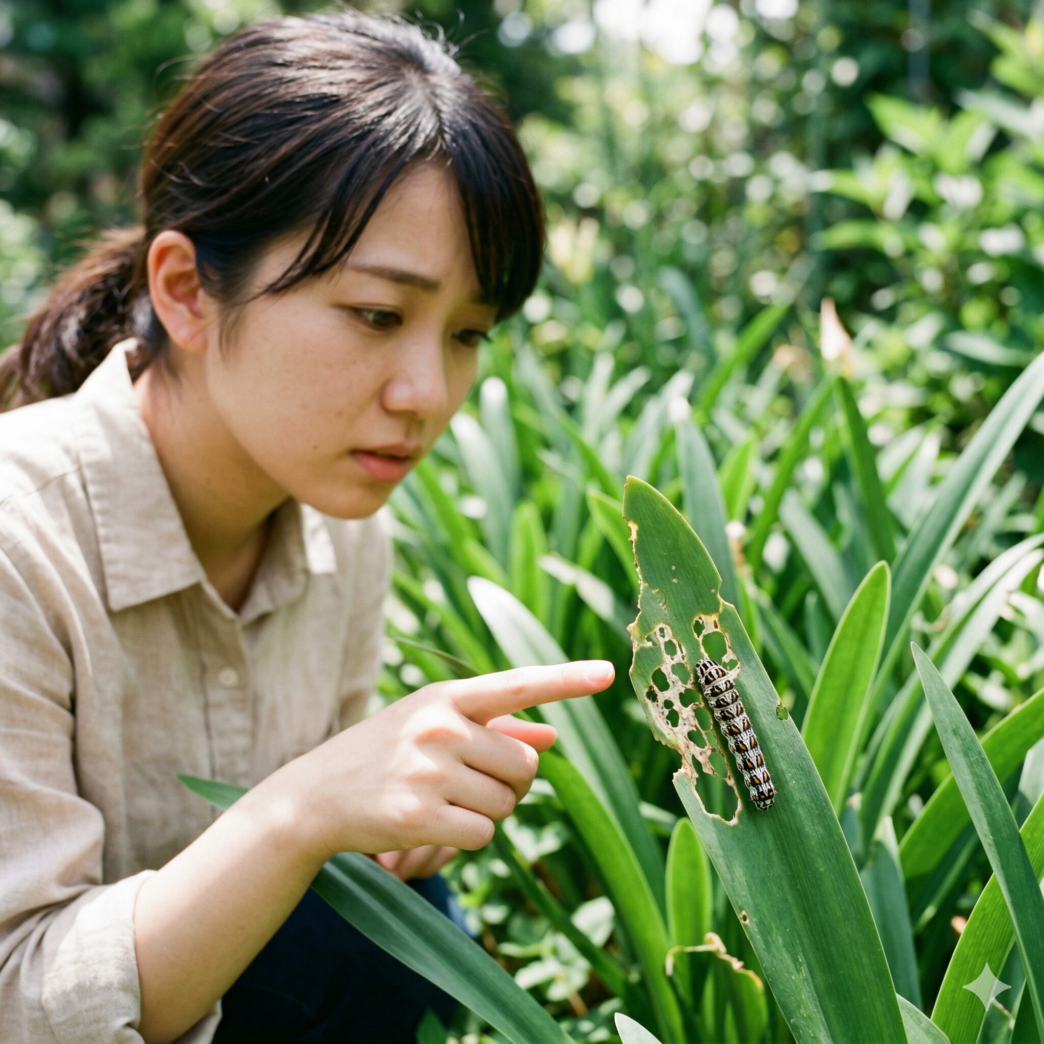 ネリネ クリスパ 育て方10 ネリネの葉や球根を食い荒らす天敵ハマオモトヨトウムシの幼虫の被害確認イメージ