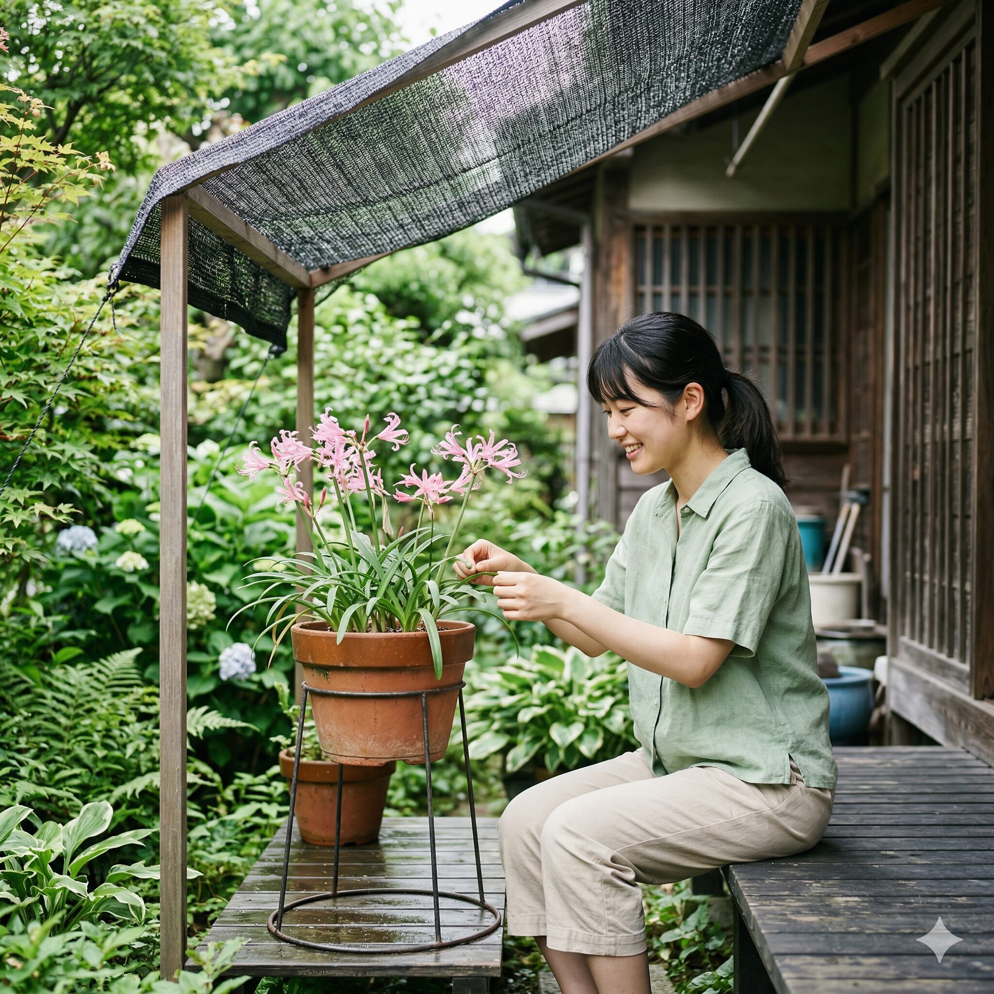 ネリネ クリスパ 育て方3 夏の強い直射日光を避け、風通しの良い日陰で管理されるネリネ・クリスパの鉢植え