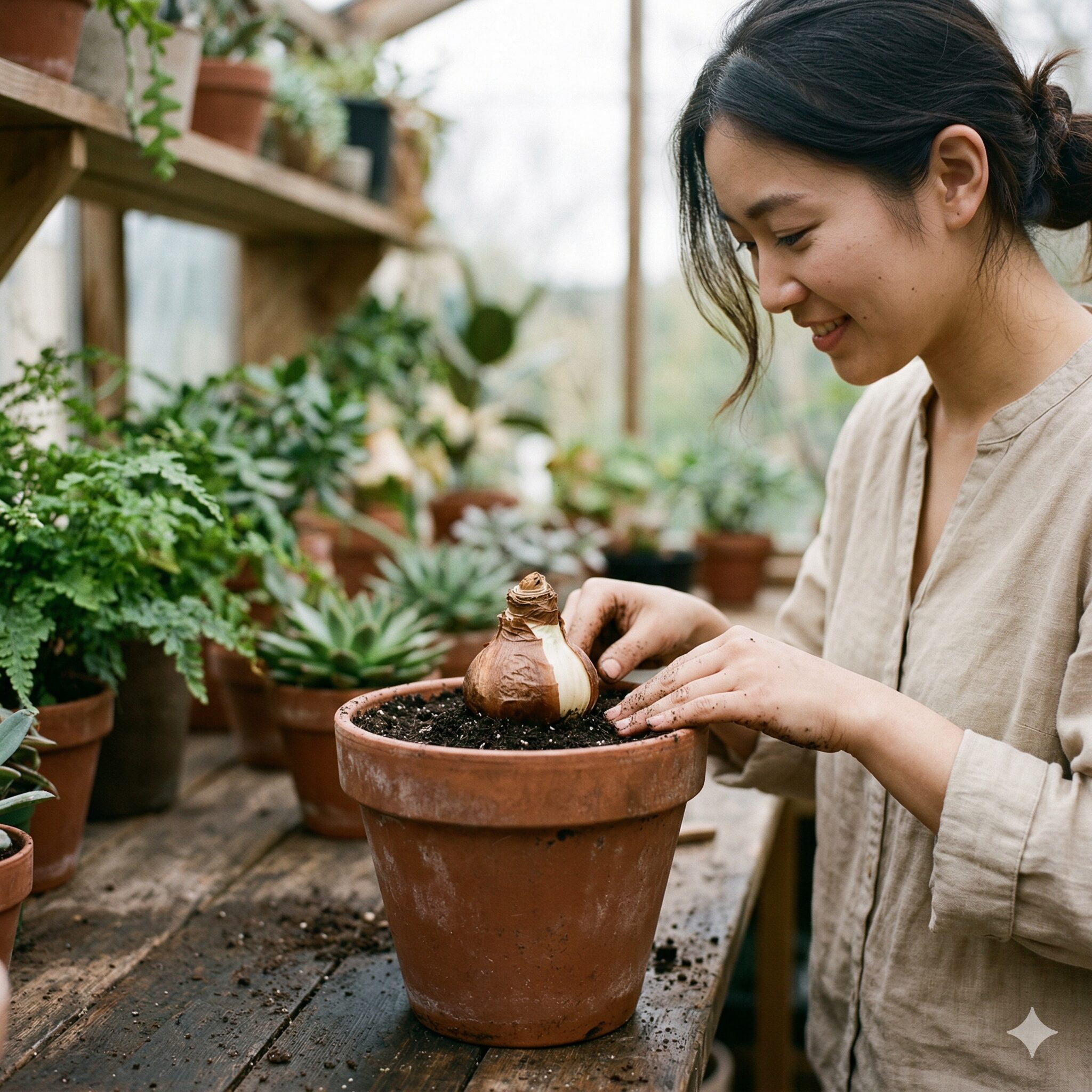 ネリネ クリスパ 育て方5 根腐れを防ぎ開花を促すために球根の肩を地上に出して植え付けたネリネ・クリスパ
