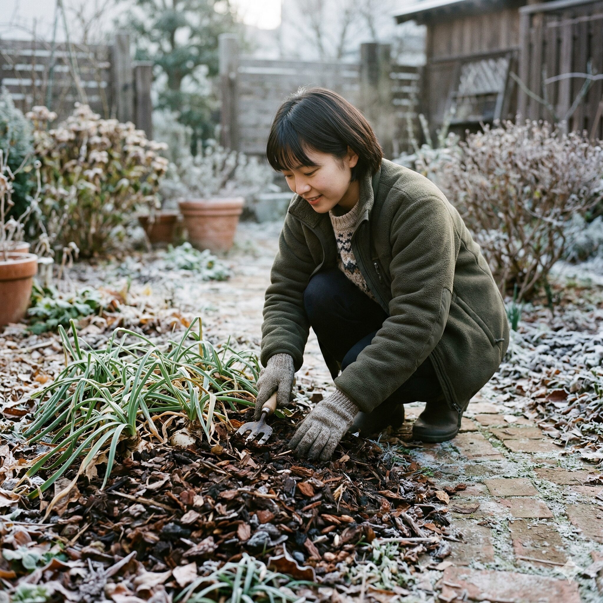 ネリネ クリスパ 育て方7 冬の凍結や霜からネリネの球根を守るために株元に施された腐葉土のマルチング
