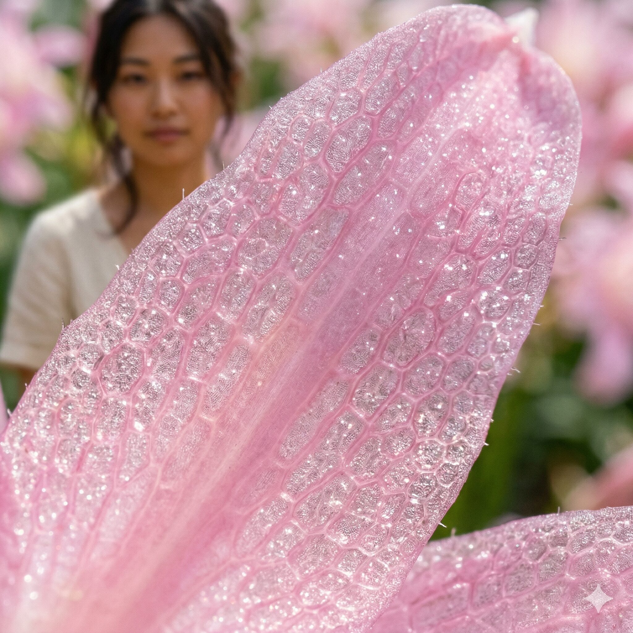 ネリネ ボーデニー 育て方2 レンズ状の細胞が光を反射して煌めくダイヤモンドリリーの花びらのクローズアップ