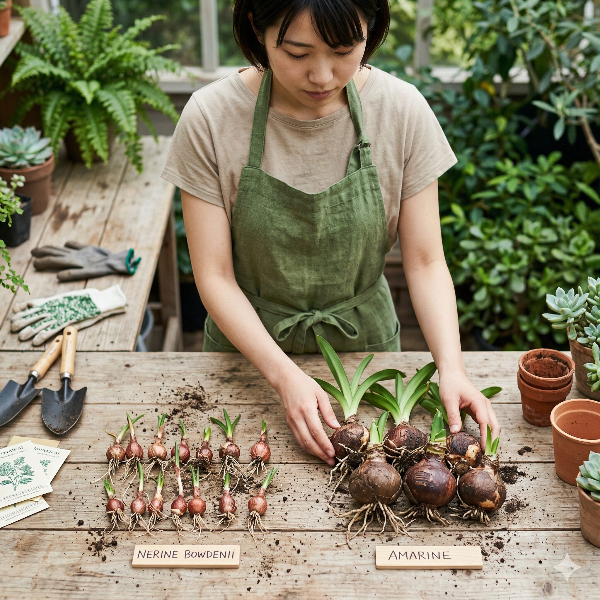 ネリネ ボーデニー 育て方4 ネリネ・ボーデニーと属間交配種アマリネの球根の形状比較