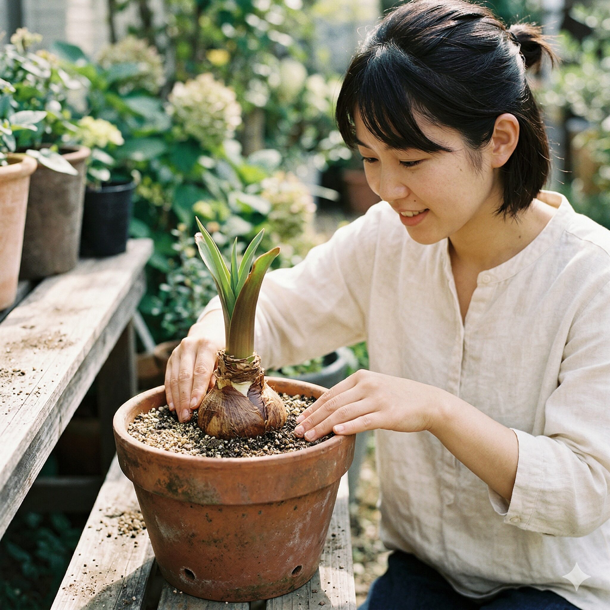 ネリネ ボーデニー 育て方6 ネリネ・ボーデニーの球根の首が土の上に露出した正しい浅植えの状態