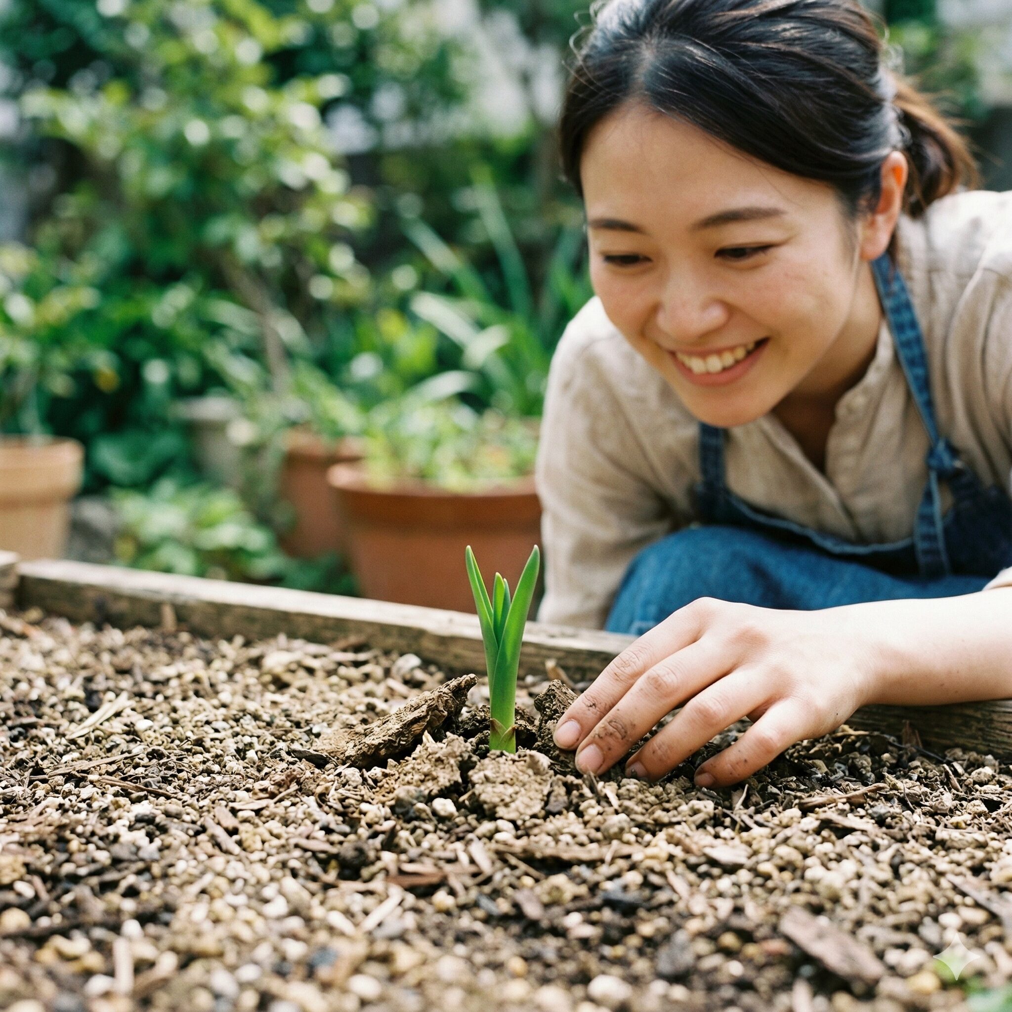 ネリネ ボーデニー 育て方7 ドライ管理(断水)を経てネリネの球根から吹き出した力強い緑色の新芽