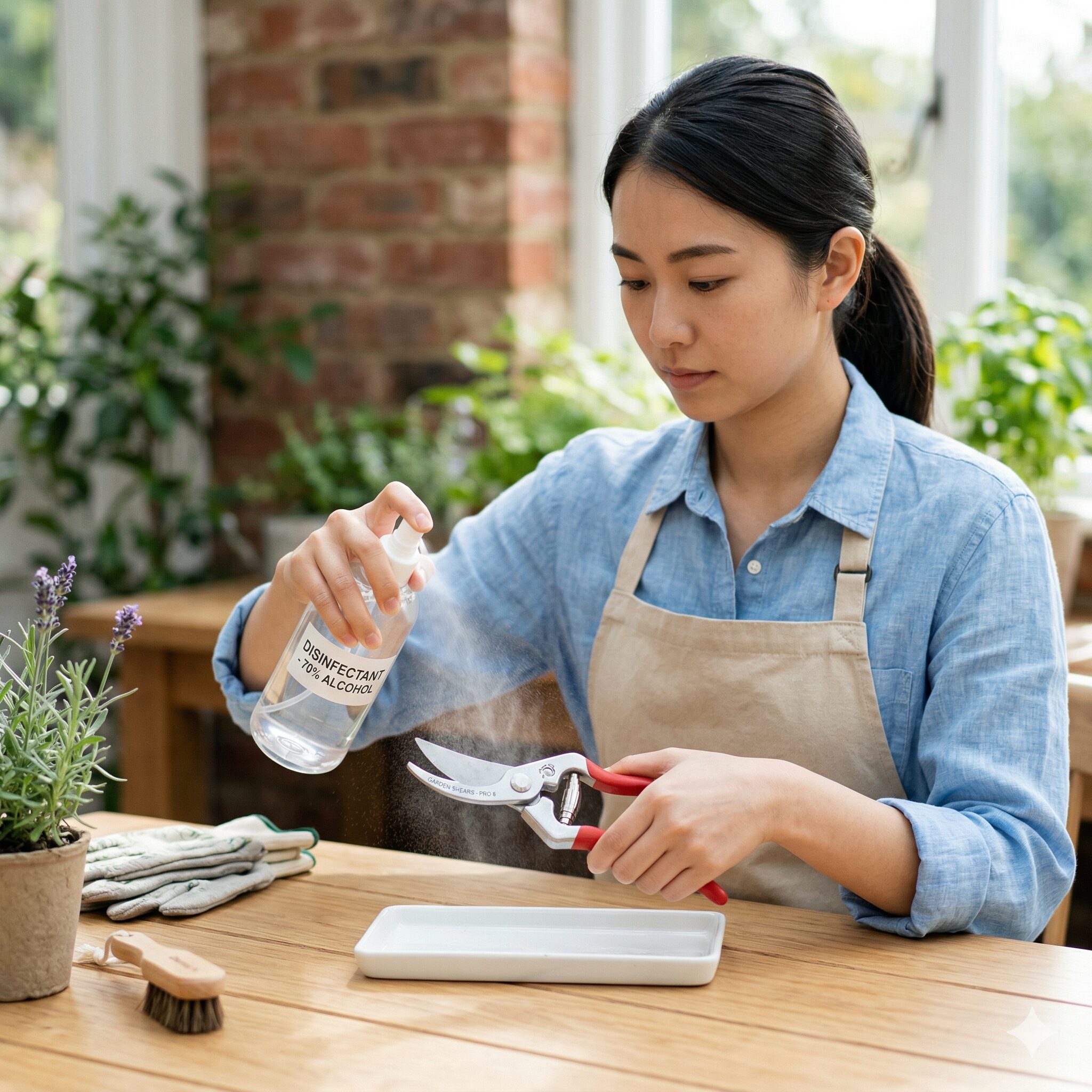 ネリネ ボーデニー 育て方9 ネリネの病気感染を予防するための園芸用ハサミのアルコール消毒作業