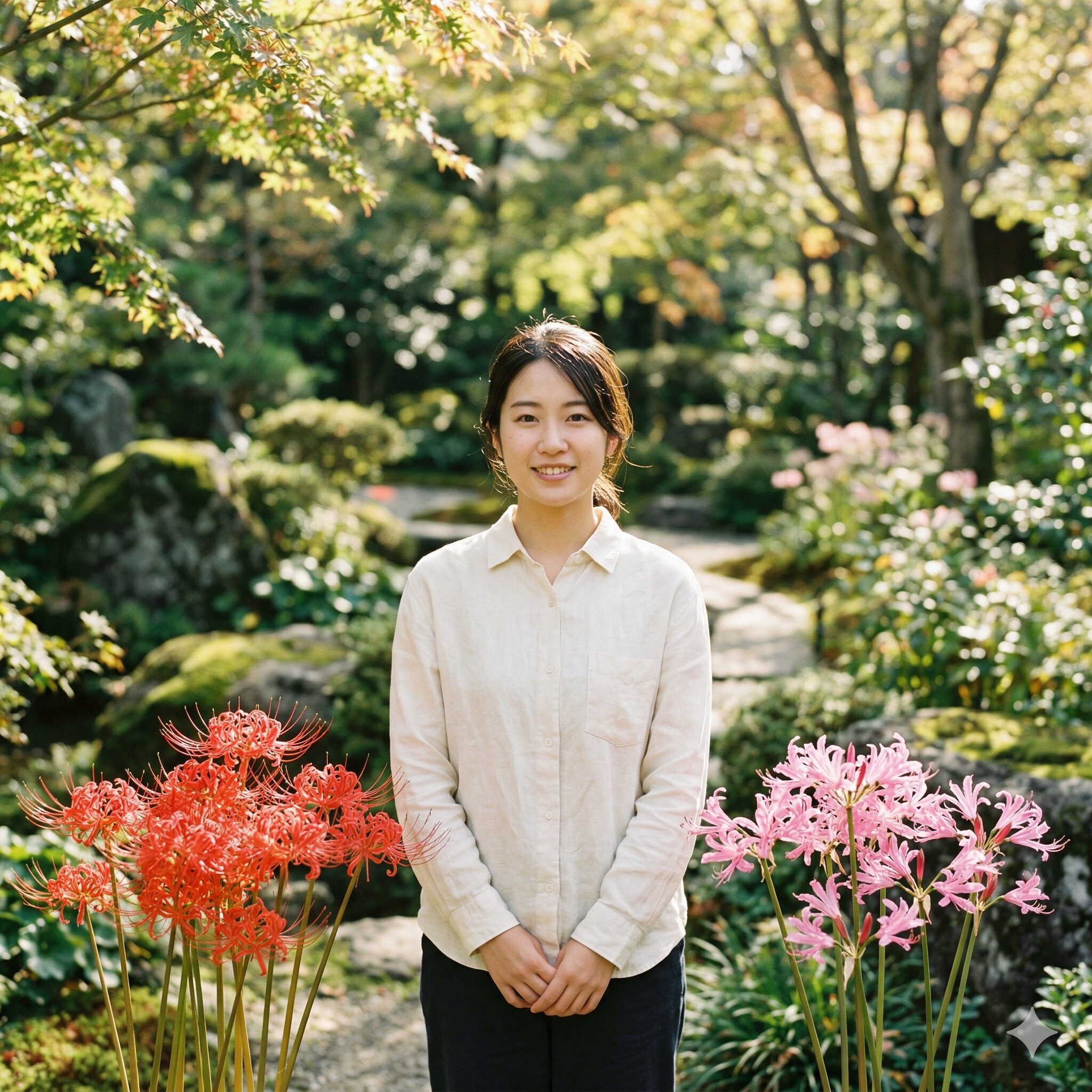 ネリネ 彼岸花 違い1　　秋に咲く赤い彼岸花とピンクのネリネの花の形や色の違いを比較した写真