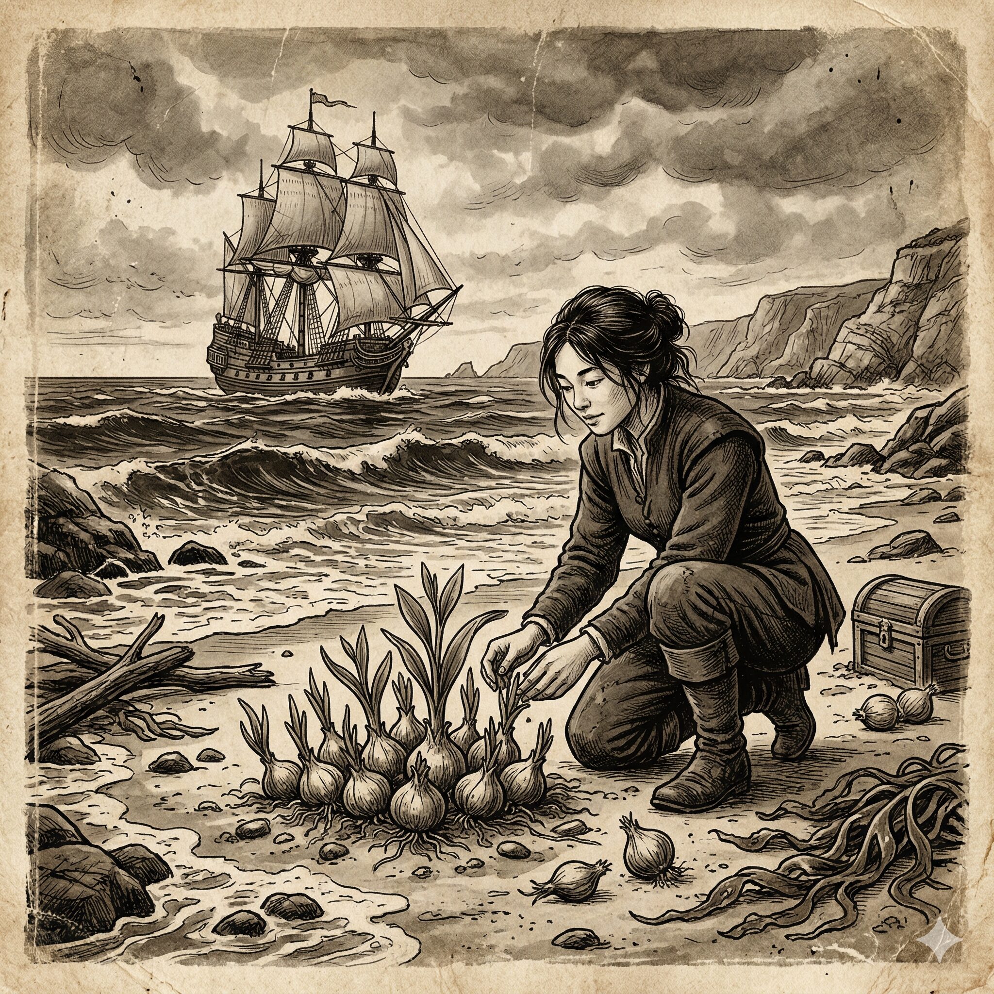 ネリネ 彼岸花 違い2　17世紀に南アフリカからガーンジー島へネリネの球根が漂着した歴史的エピソードのイメージ図