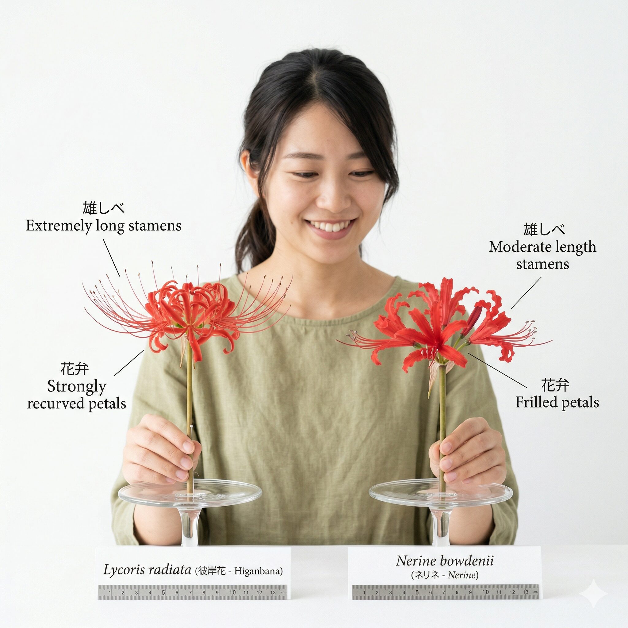 ネリネ 彼岸花 違い6　彼岸花とネリネの雄しべの長さや花びらの反り返り方の違いを比較した写真