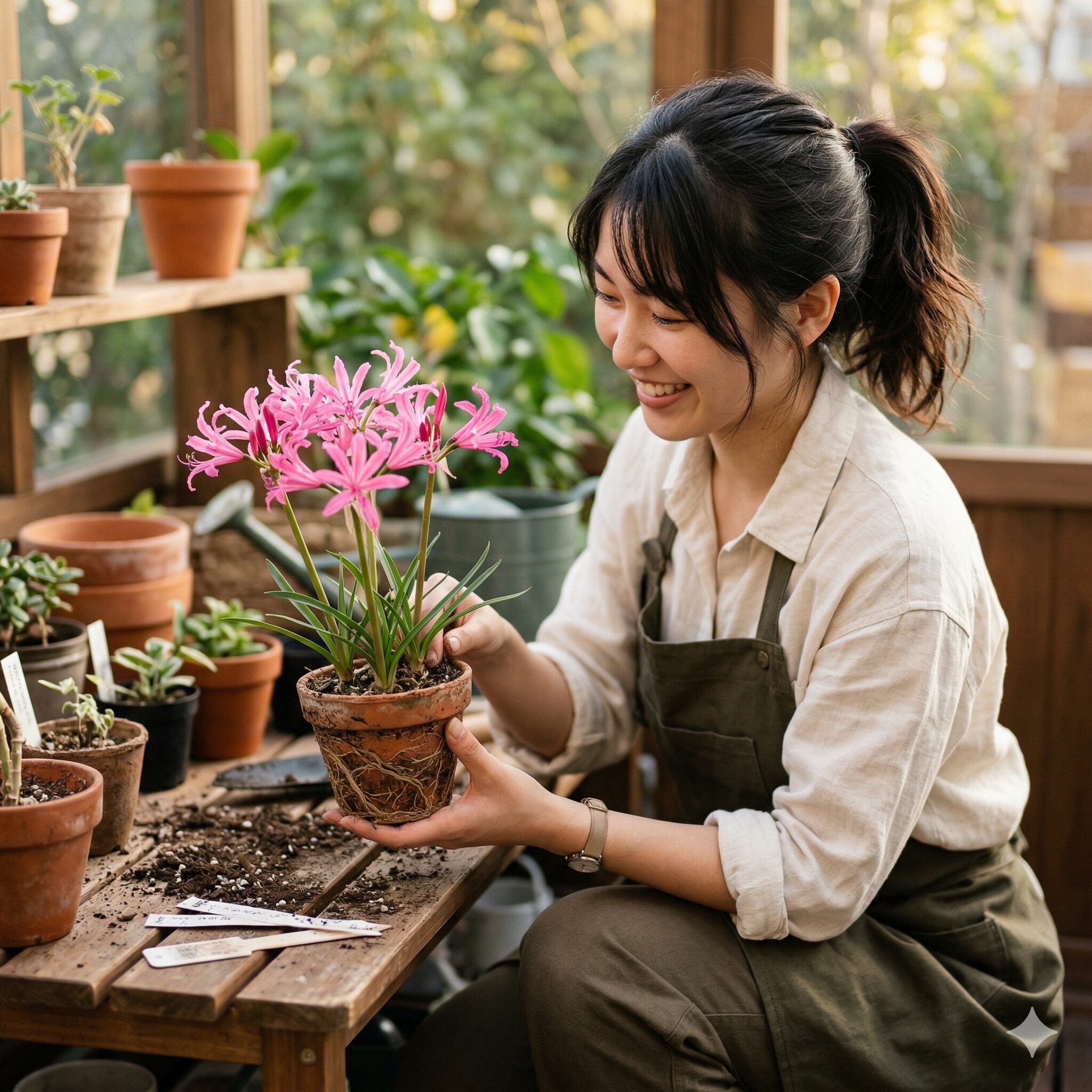 ネリネ 彼岸花 違い8　ネリネの花を咲かせるコツである小さな鉢に窮屈に植えられたダイヤモンドリリー