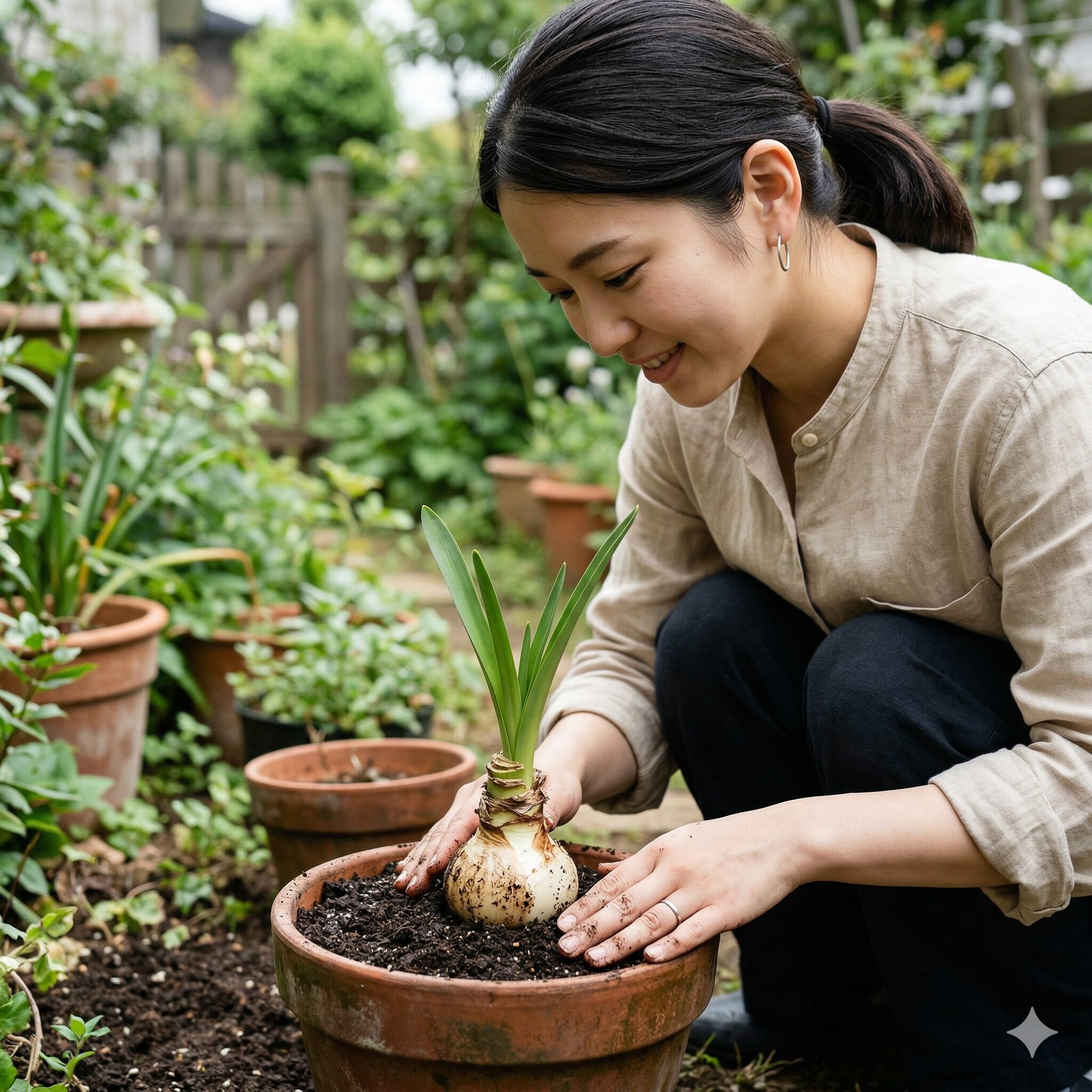 ネリネ 彼岸花 違い9　球根の上部3分の1を地上に出して植えるネリネの正しい浅植えの例