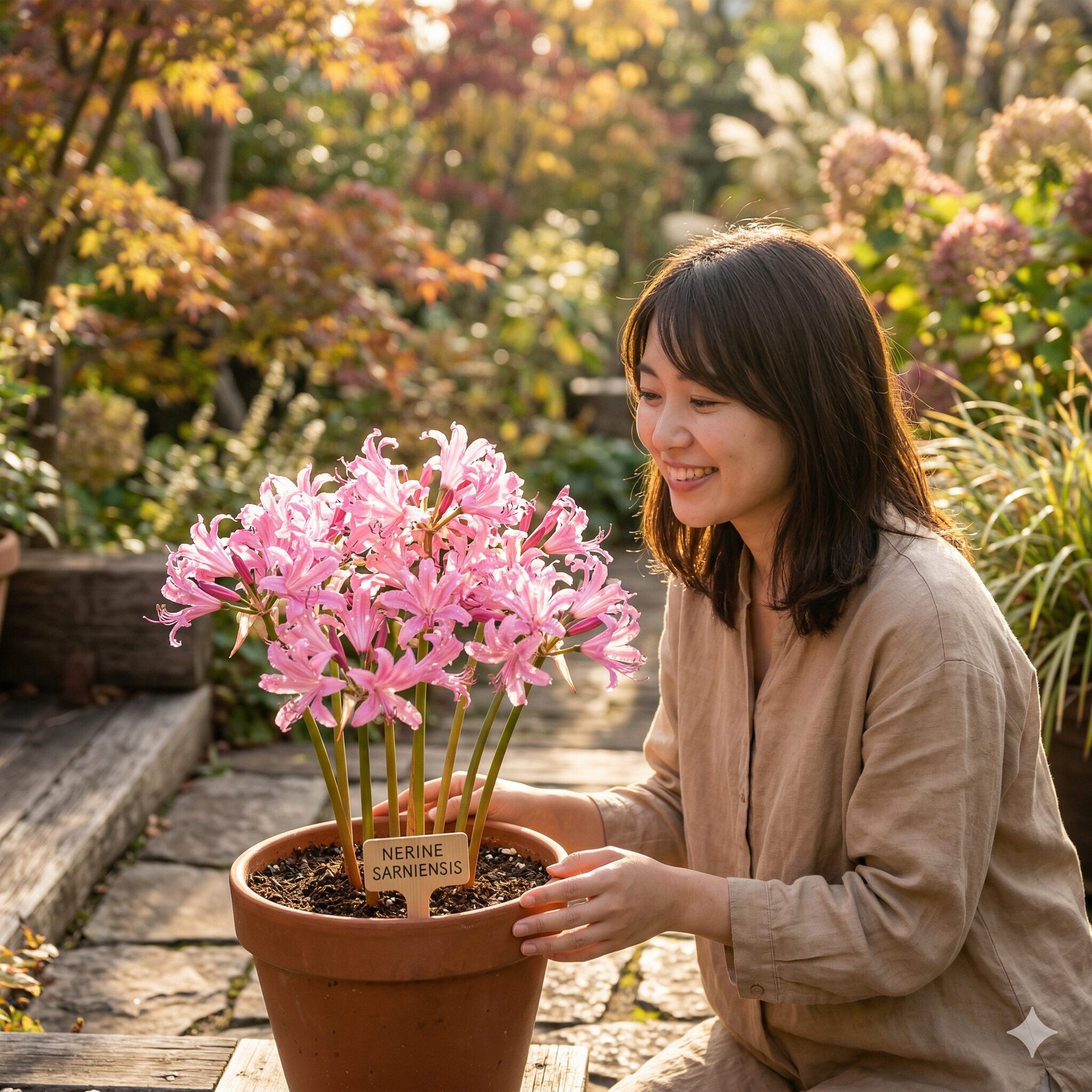 ネリネ 植え 替え 時期1　秋の太陽光に照らされてキラキラと輝くピンク色のネリネ（ダイヤモンドリリー）の花