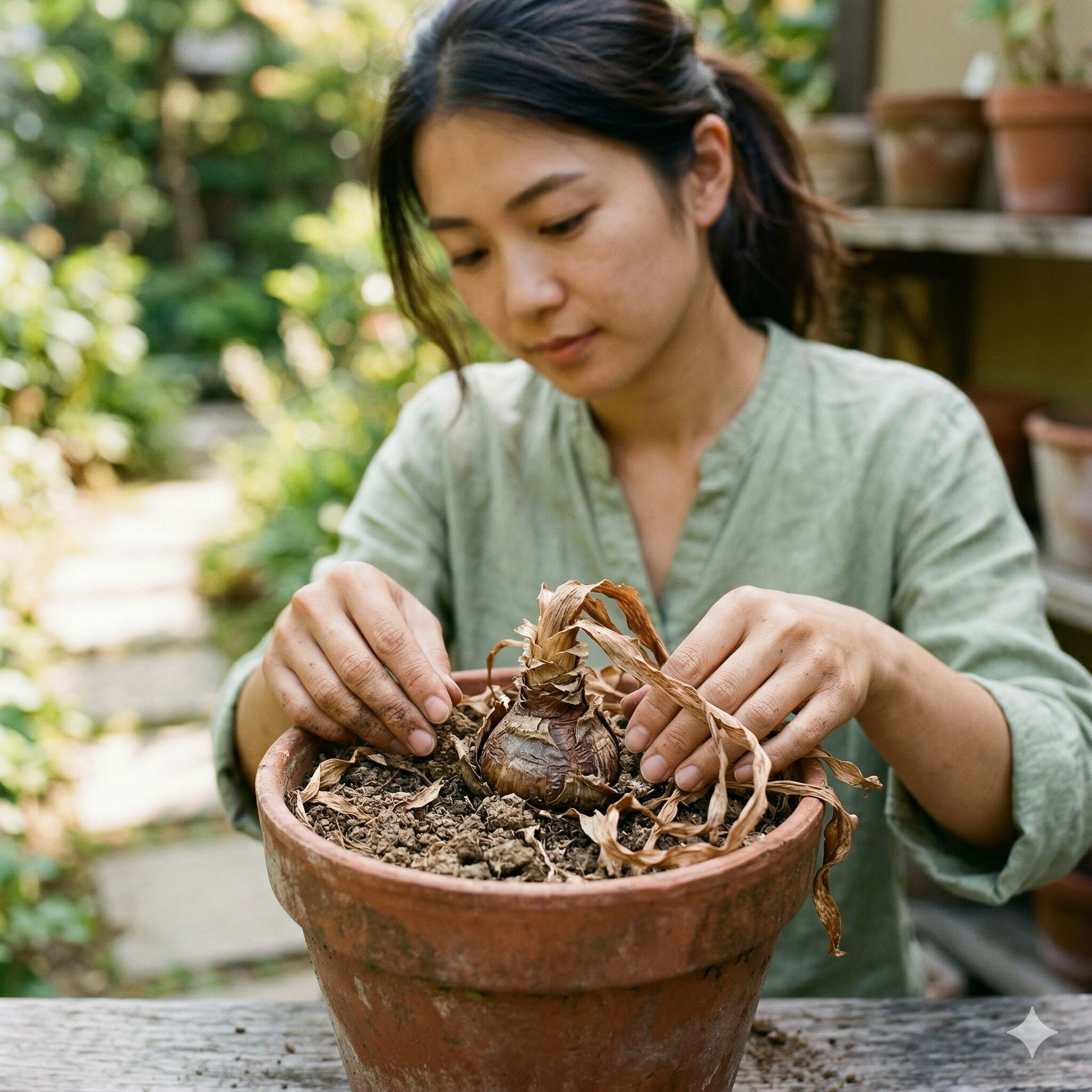 ネリネ 植え 替え 時期2 夏の休眠期に入り地上部が完全に枯れたダイヤモンドリリーの球根