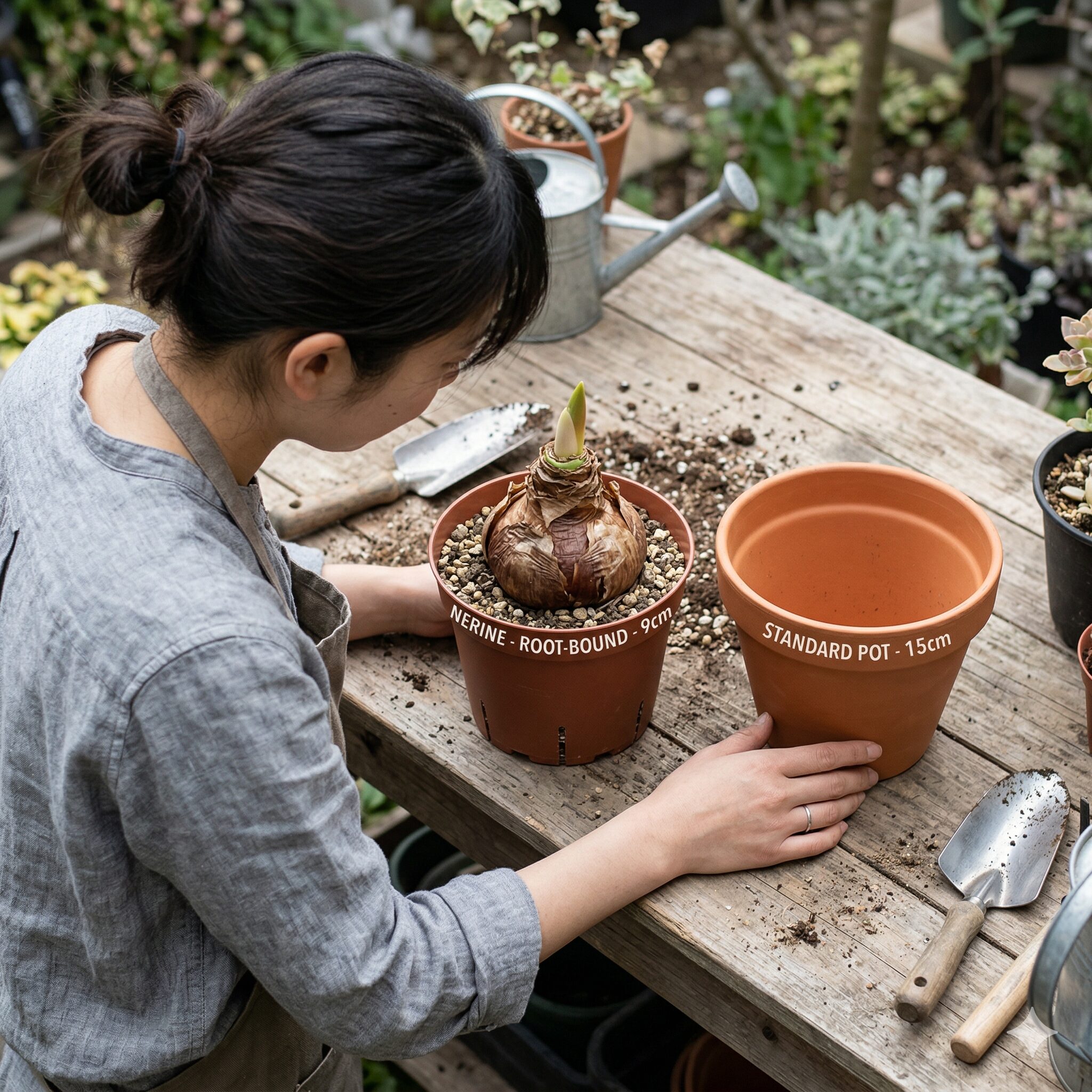 ネリネ 植え 替え 時期3 ネリネの開花を促進するために3号鉢へ一球植えした根域制限の様子