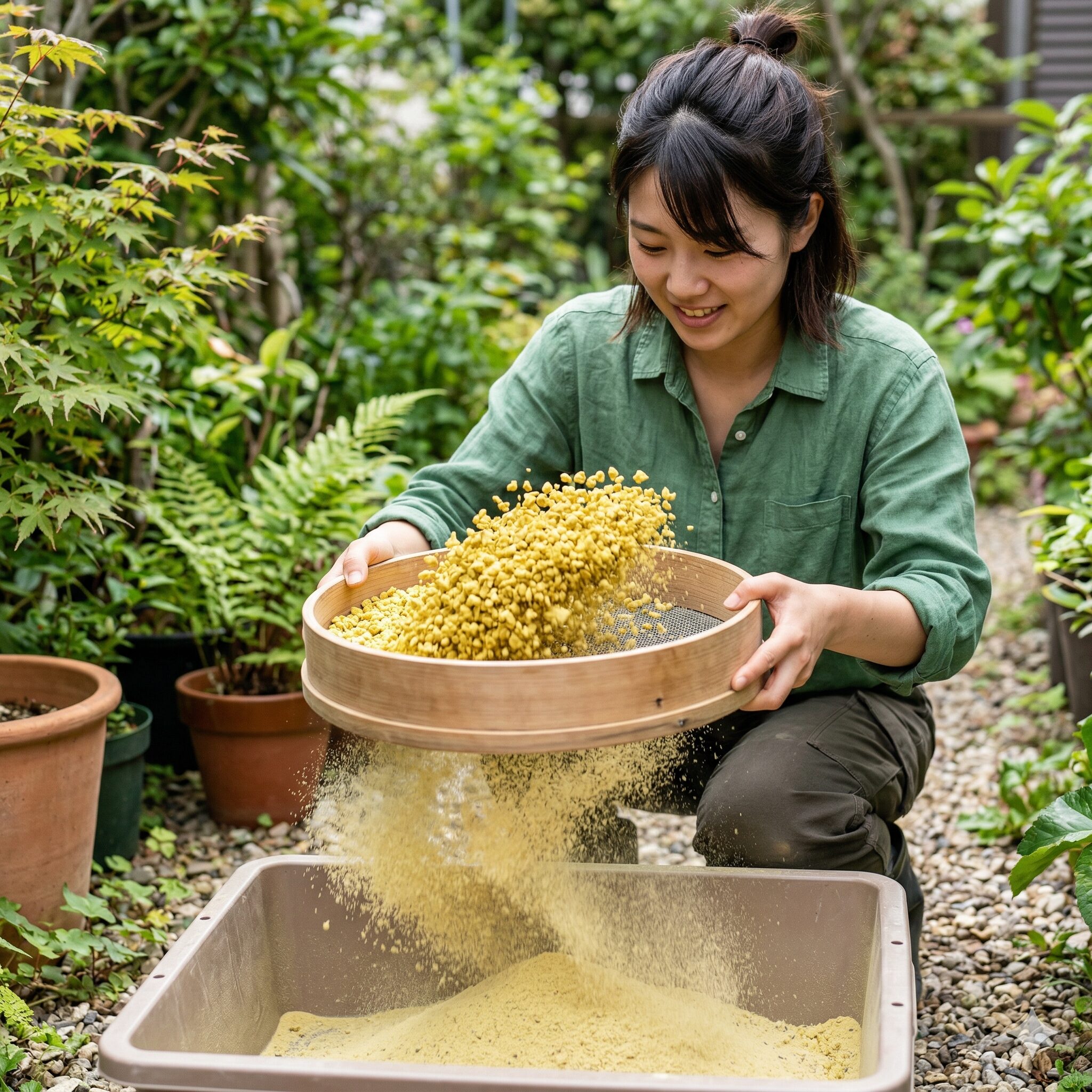 ネリネ 植え 替え 時期5 ふるいを使って鹿沼土の微塵を取り除き通気性を確保する作業風景