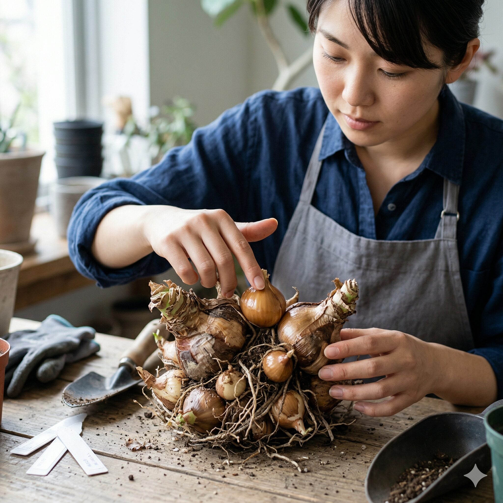 ネリネ 植え 替え 時期6 ネリネの株分けで健康な子球を優しく見分ける指先の様子