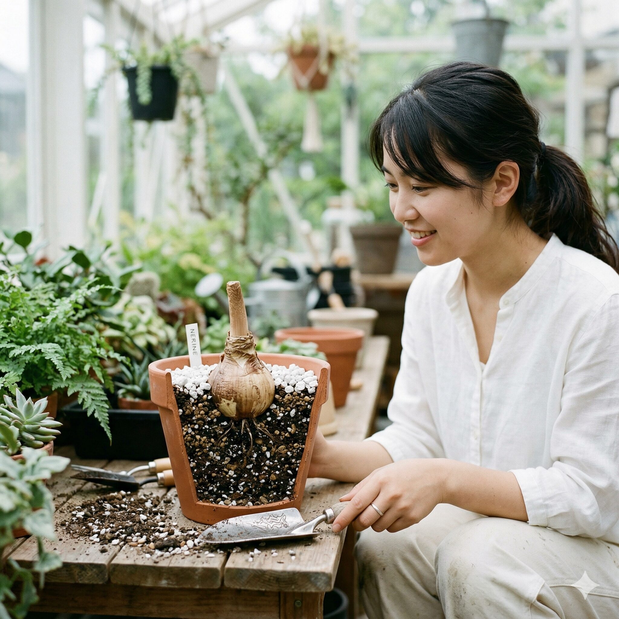 ネリネ 植え 替え 時期7 球根の首を土から露出させて開花スイッチを入れるネリネの浅植え