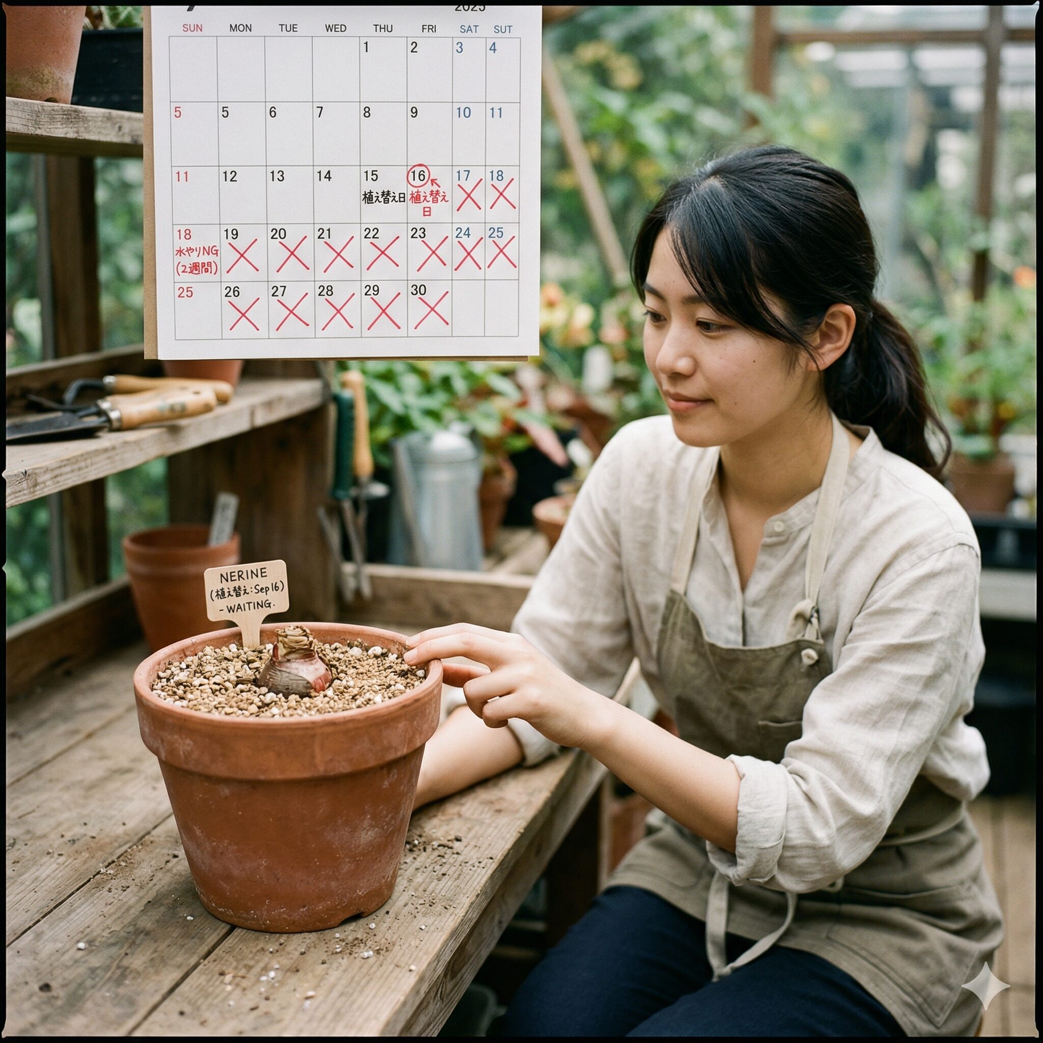 ネリネ 植え 替え 時期8 植え替え後の傷口を治癒させるために2週間断水しているネリネの鉢