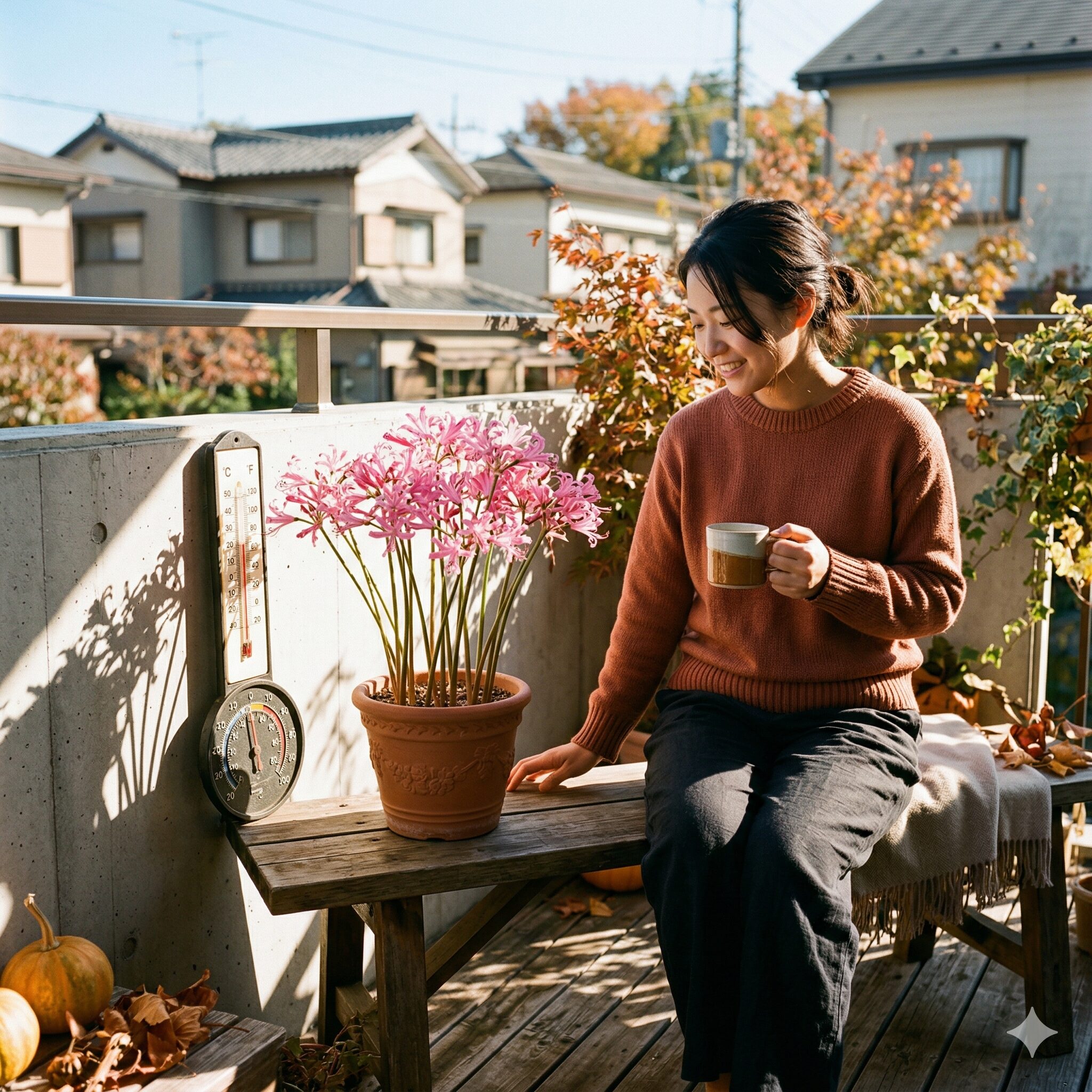 ネリネ 植え 替え 時期9 秋の直射日光をたっぷり浴びて開花準備を整えるネリネの置き場所