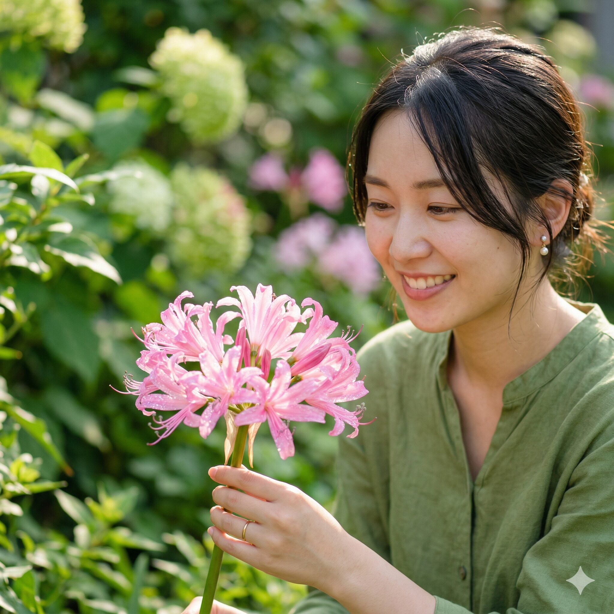 ネリネ 球根 販売時期1　太陽光を反射して宝石のように輝くダイヤモンドリリー（ネリネ）の花びらのアップ