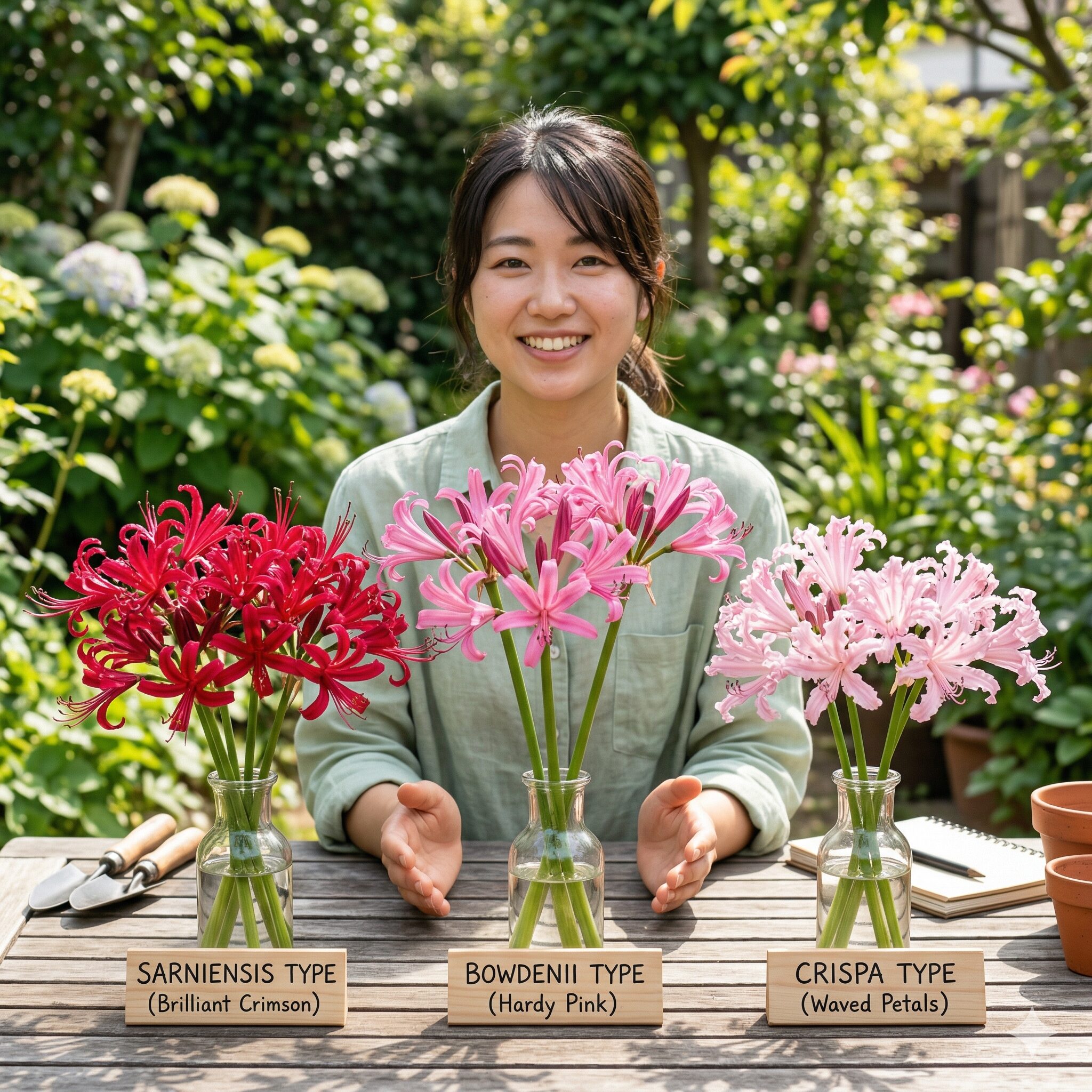 ネリネ 球根 販売時期2 ネリネの主要な3系統(サルニエンシス、ボーデニー、クリスパ)の花の比較