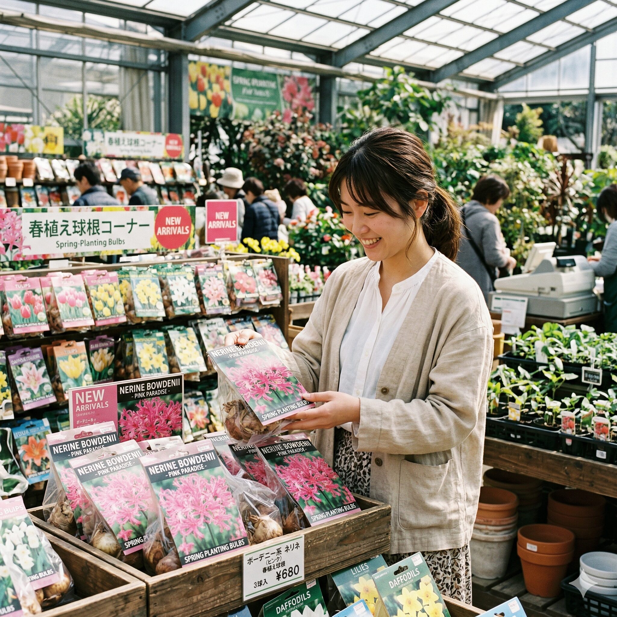 ネリネ 球根 販売時期4 園芸店で春に販売される耐寒性の強いボーデニー系ネリネの袋詰め球根
