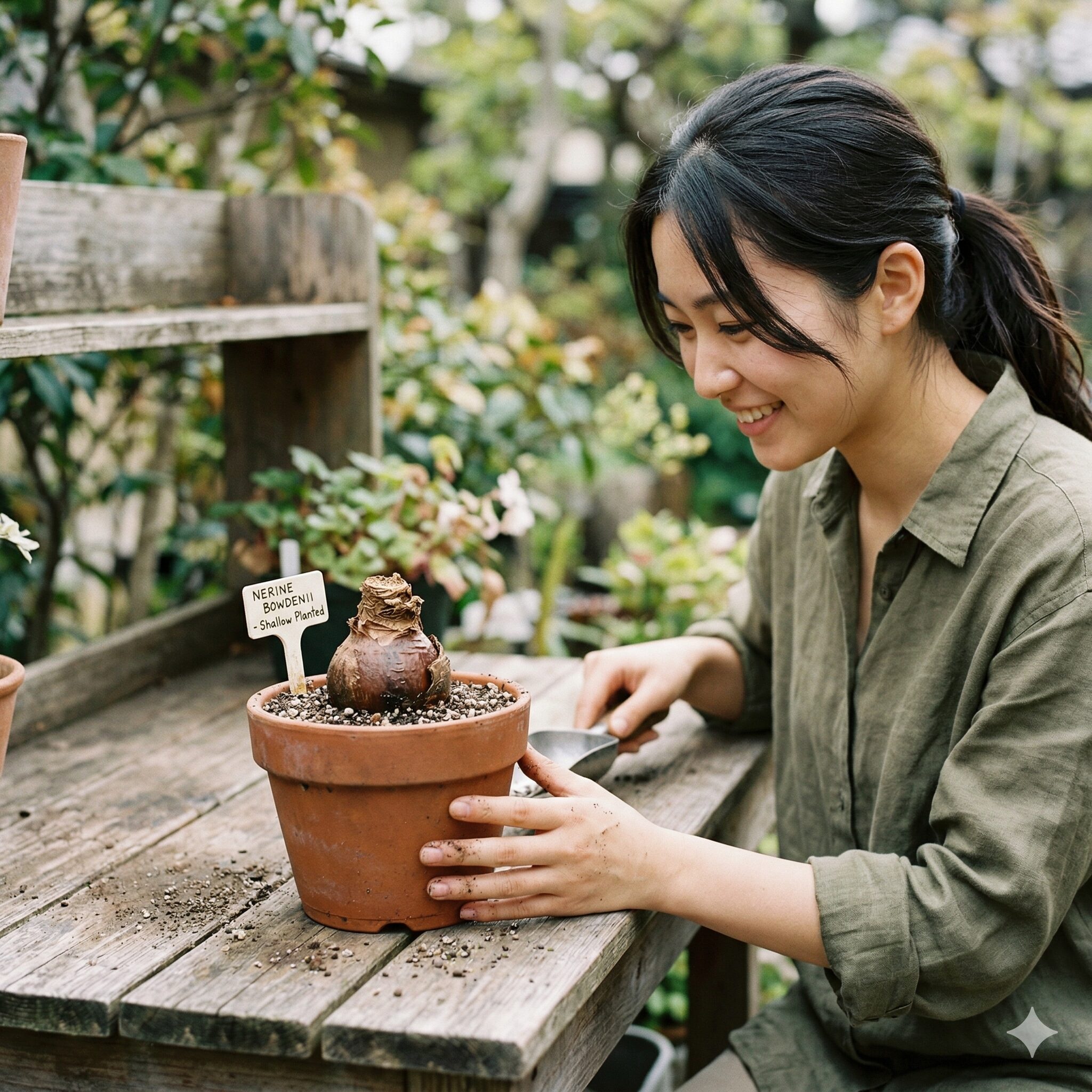 ネリネ 球根 販売時期8 ネリネの正しい植え付け方法(小さな鉢への浅植えと球根の露出)