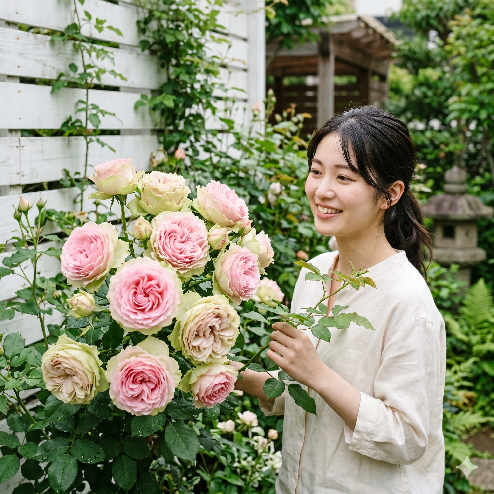 バラ ダフネ 欠点1　ピンクからグリーンへ色が変化するバラ「ダフネ」が庭のフェンスで美しく咲く様子