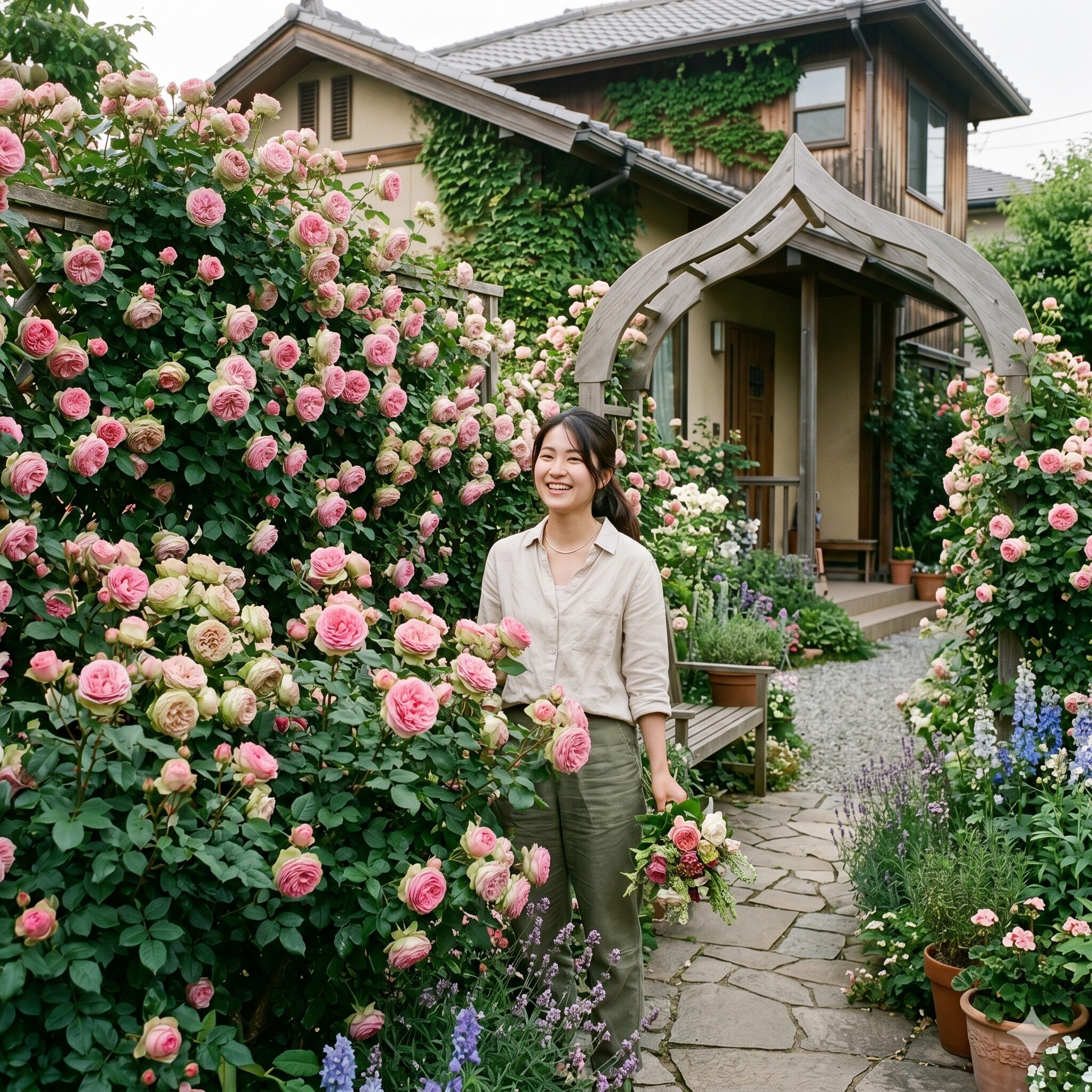バラ ダフネ 欠点10　欠点を克服し庭で満開になったバラ「ダフネ」の見事な景観