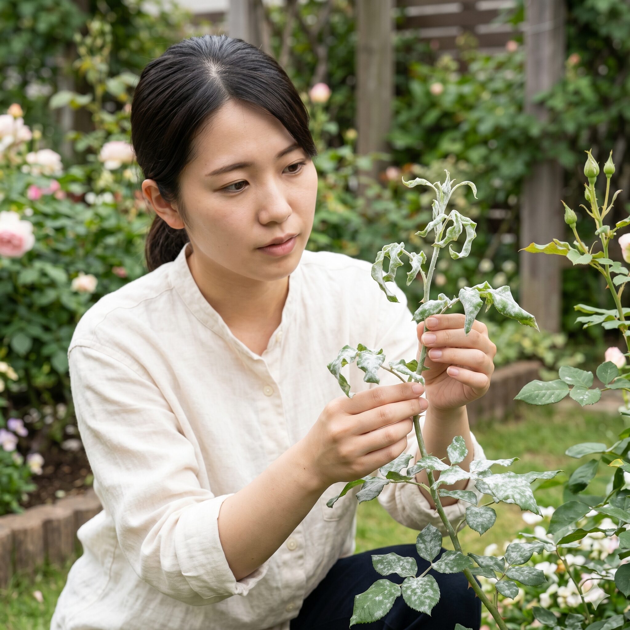 バラ ダフネ 欠点5　バラ「ダフネ」の葉に発生したうどんこ病の白い粉のような症状