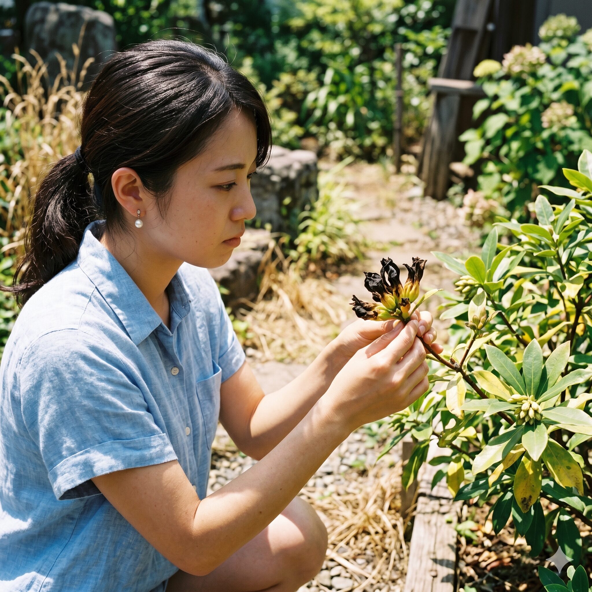 バラ ダフネ 欠点6　夏の暑さによる高温障害で黒ずんで腐ったバラ「ダフネ」の蕾