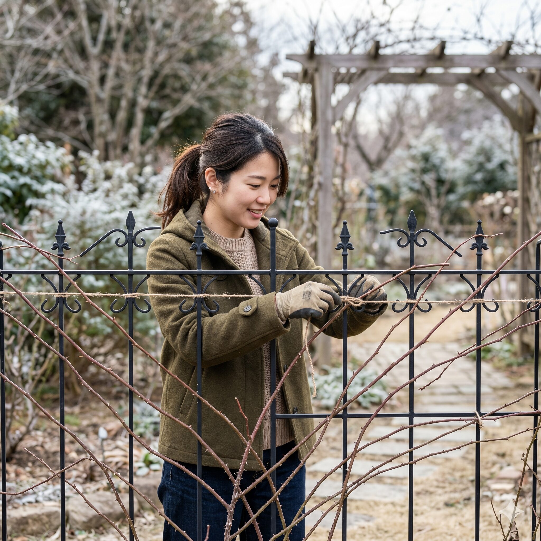 バラ ダフネ 欠点7　冬の休眠期に行うバラ「ダフネ」の横張り樹形を活かした水平誘引の様子