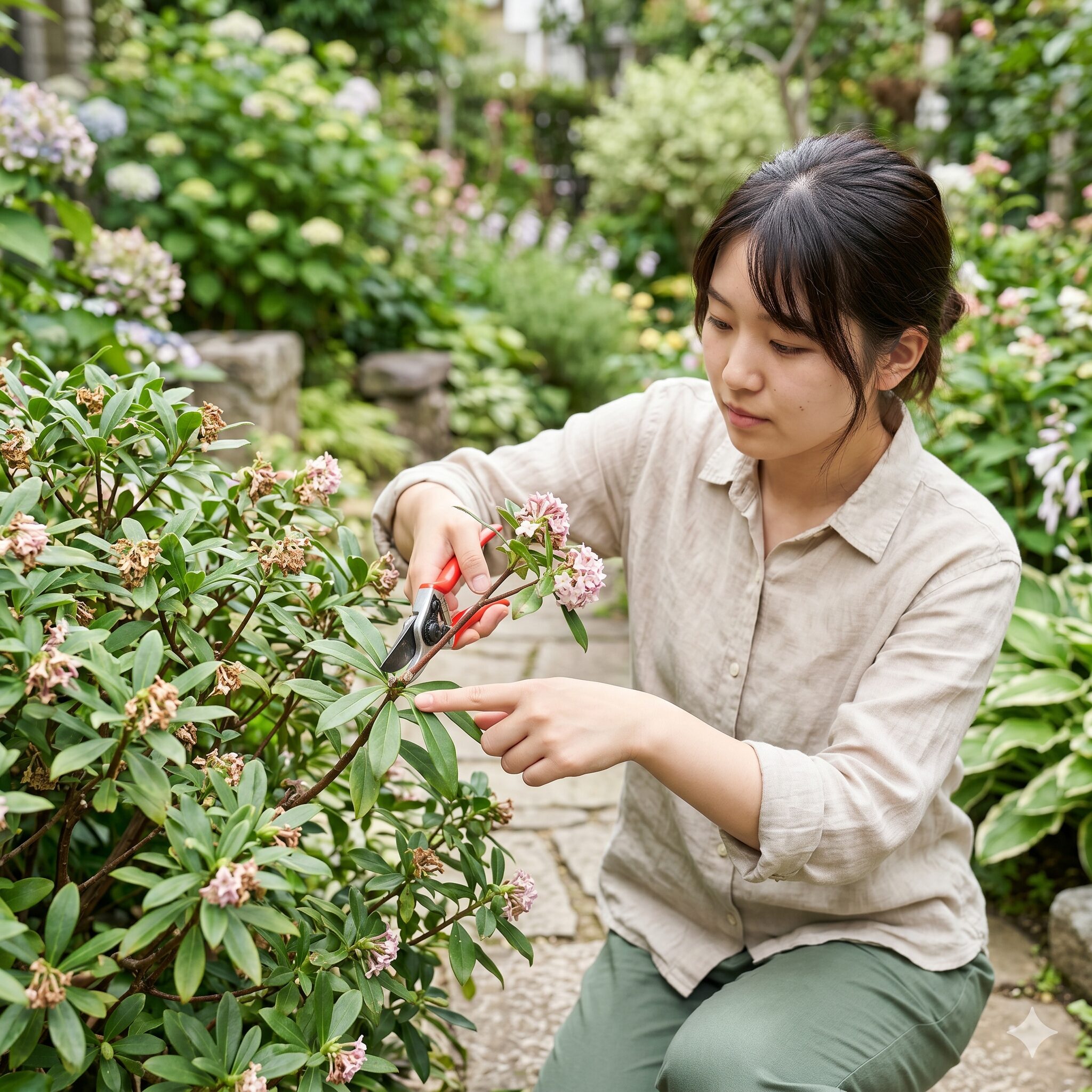 バラ ダフネ 欠点8　次の花を咲かせるためのバラ「ダフネ」の花後の正しい剪定位置