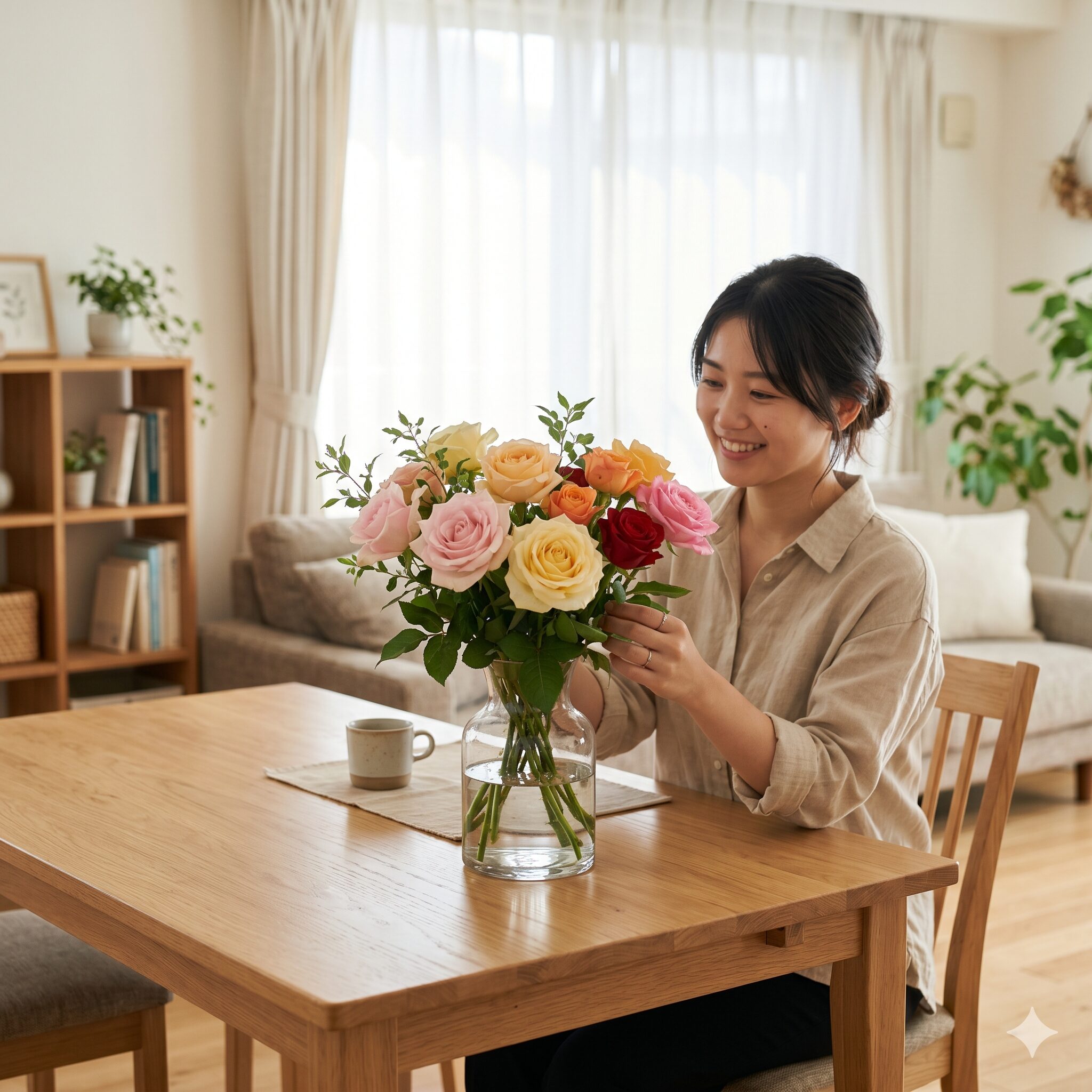 バラ 切り花 日持ち1　日本の一般住宅のリビングに飾られた新鮮で美しいバラの切り花の風景