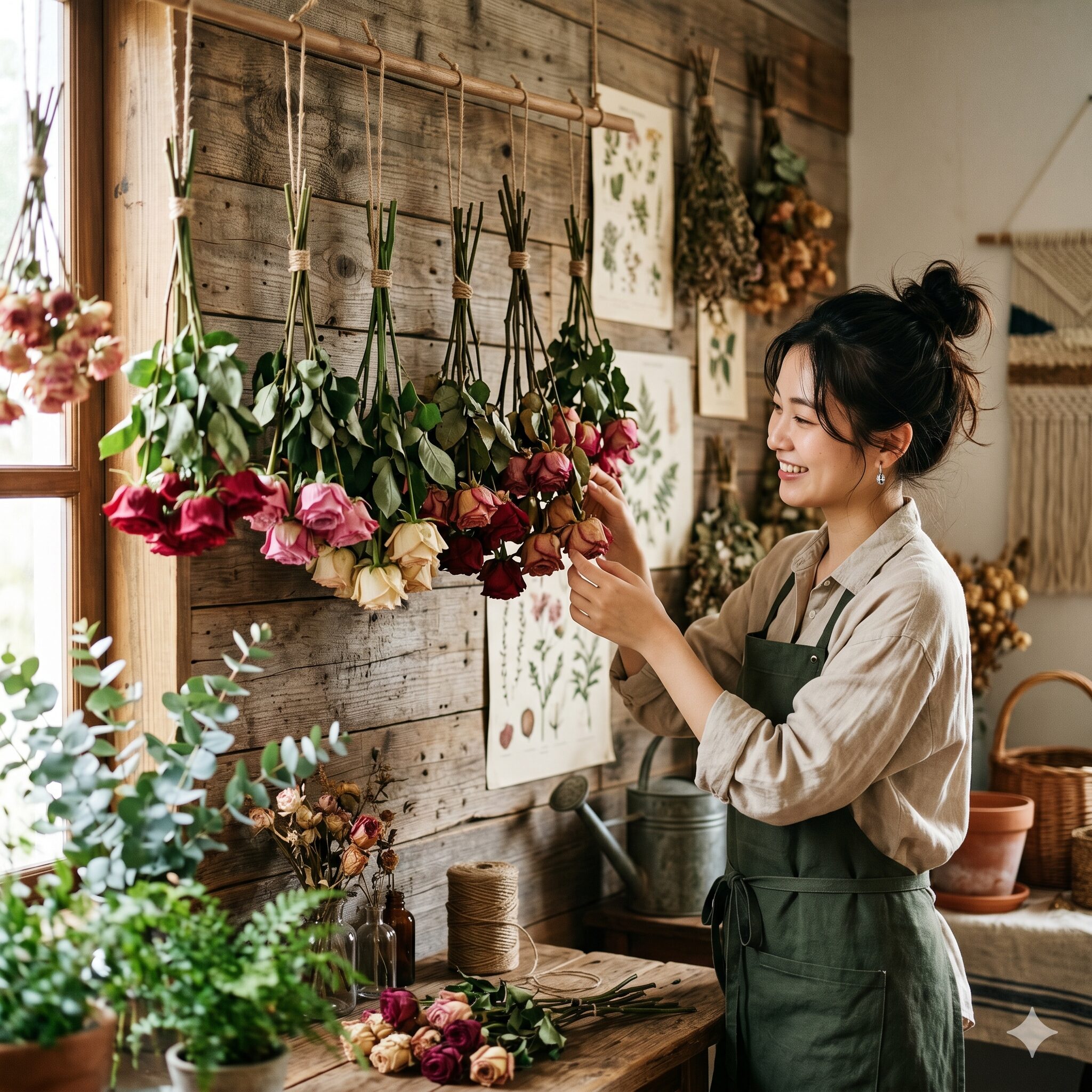 バラ 切り花 日持ち10　バラを逆さまに吊るしてアンティーク風のドライフラワーにするハンギング法