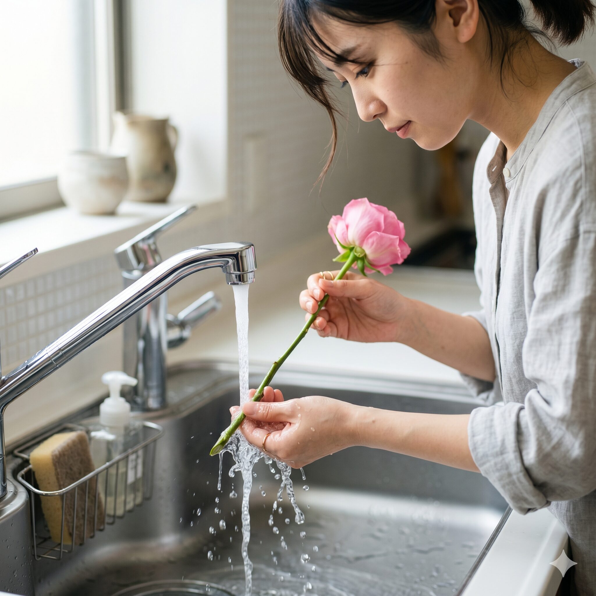 バラ 切り花 日持ち2　バラの切り口に付着したヌメリやバクテリアを流水で洗い流す手入れの様子