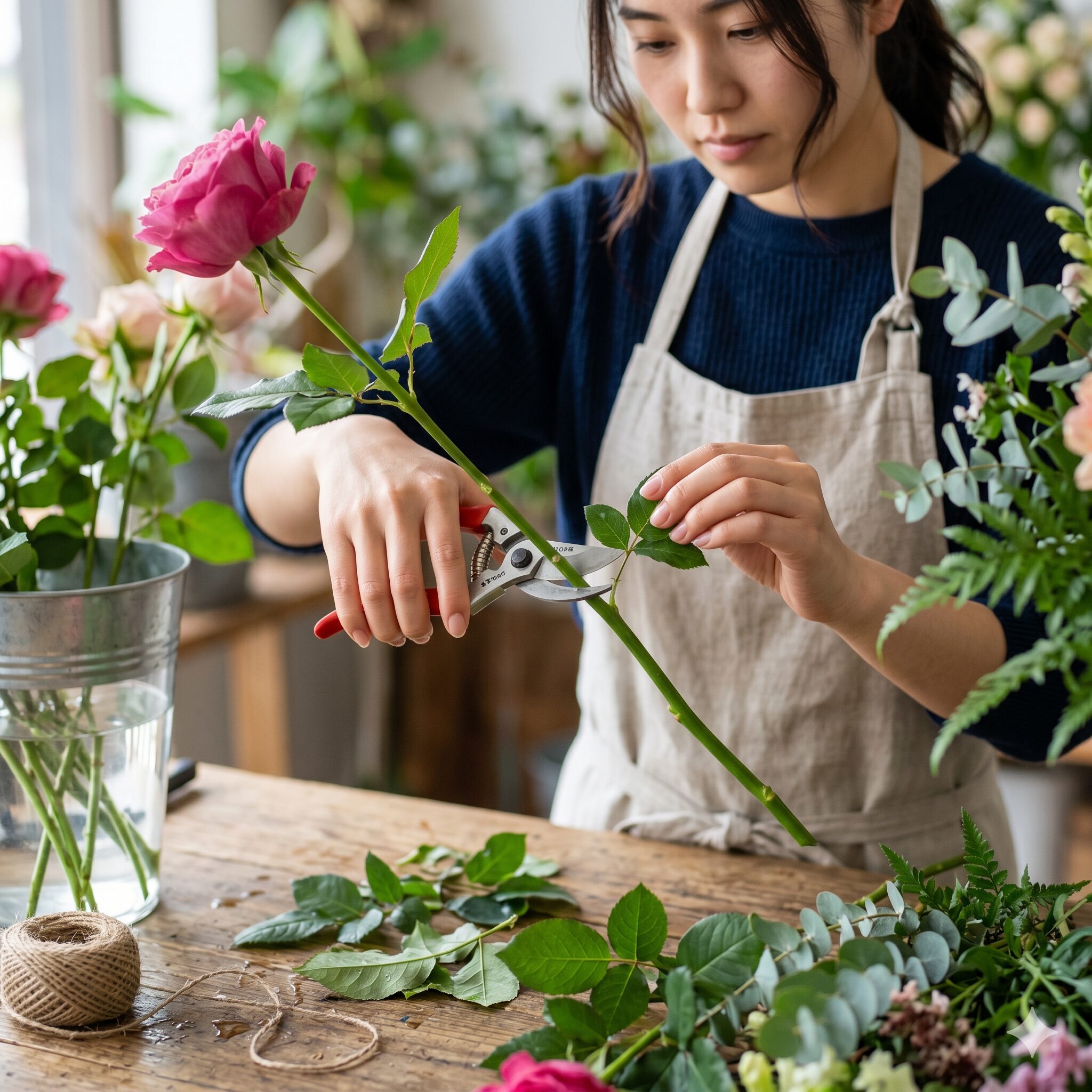 バラ 切り花 日持ち3　水の腐敗を防ぐためにバラの茎の下部にある葉を丁寧に取り除く作業