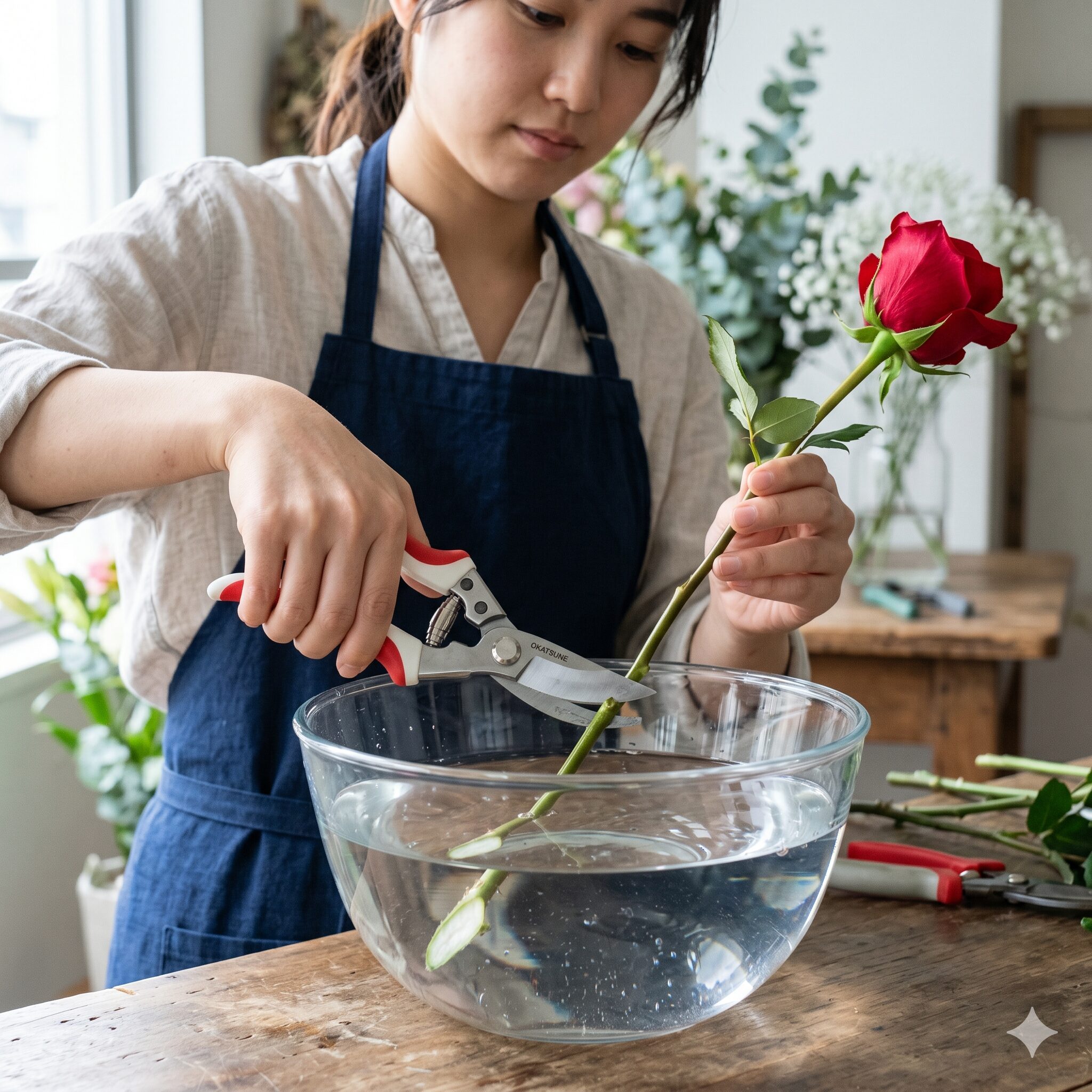 バラ 切り花 日持ち4　吸水力を高めるために水中でバラの茎を斜めにカットする「水切り」の技法