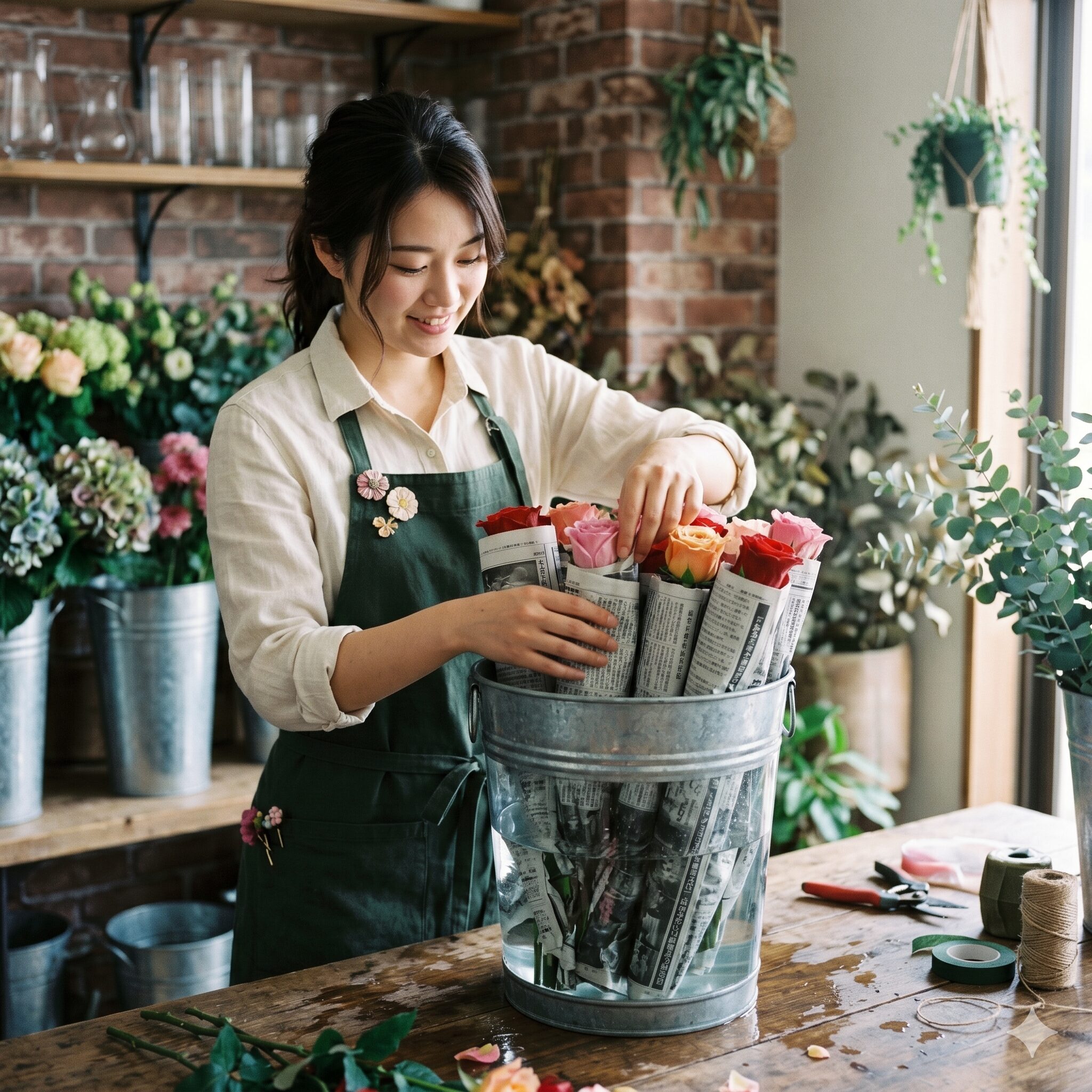 バラ 切り花 日持ち5　新聞紙で固定したバラを深い水に浸けて水圧で吸水を助ける「深水」の処置