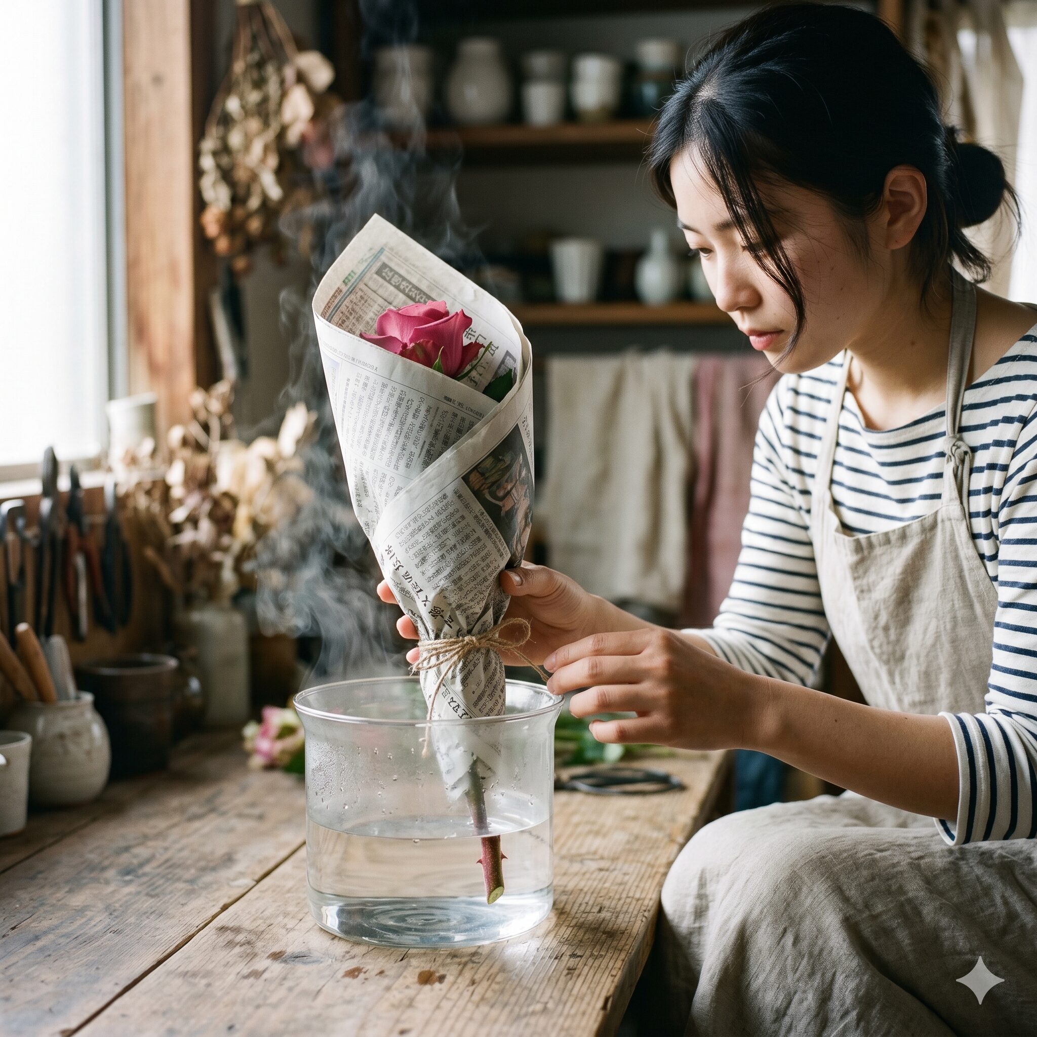 バラ 切り花 日持ち6　熱気から花を保護しながらバラの茎の先端を熱湯に浸ける「湯揚げ」の準備