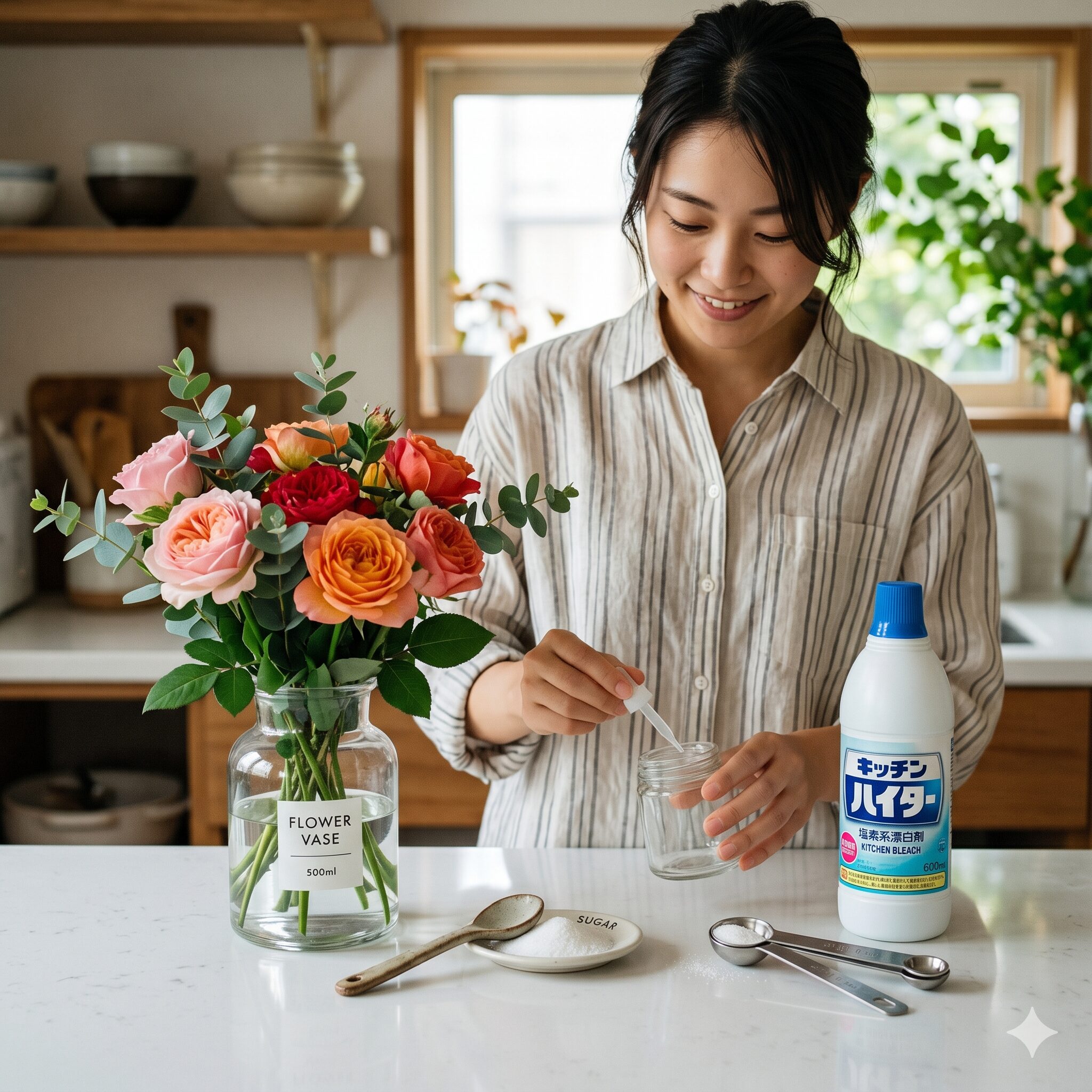 バラ 切り花 日持ち7　自家製のバラ用延命剤を作るための砂糖とキッチン漂白剤の材料