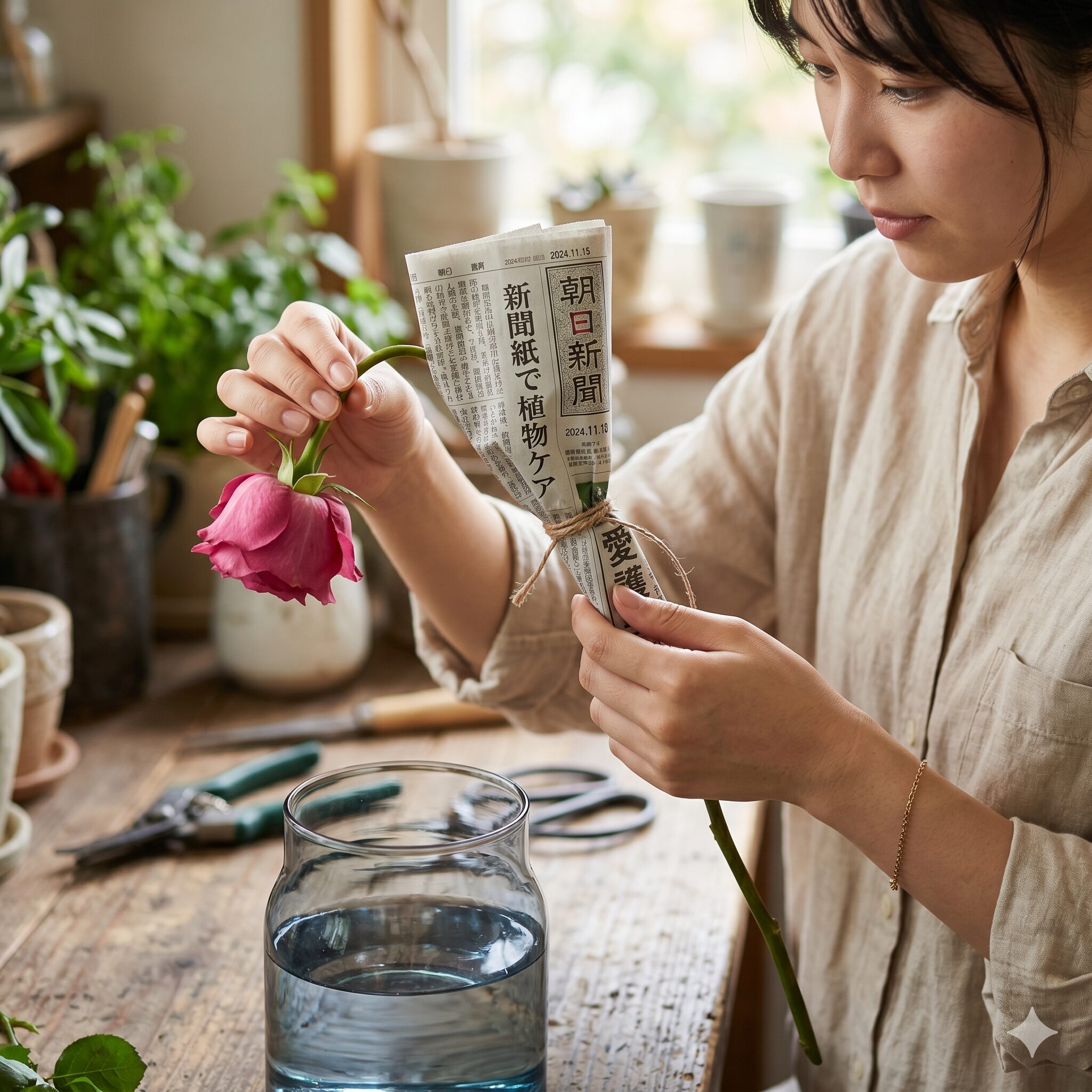 バラ 切り花 日持ち8　花首が折れたバラ（ベントネック）を新聞紙で固定して蘇生させる救急処置