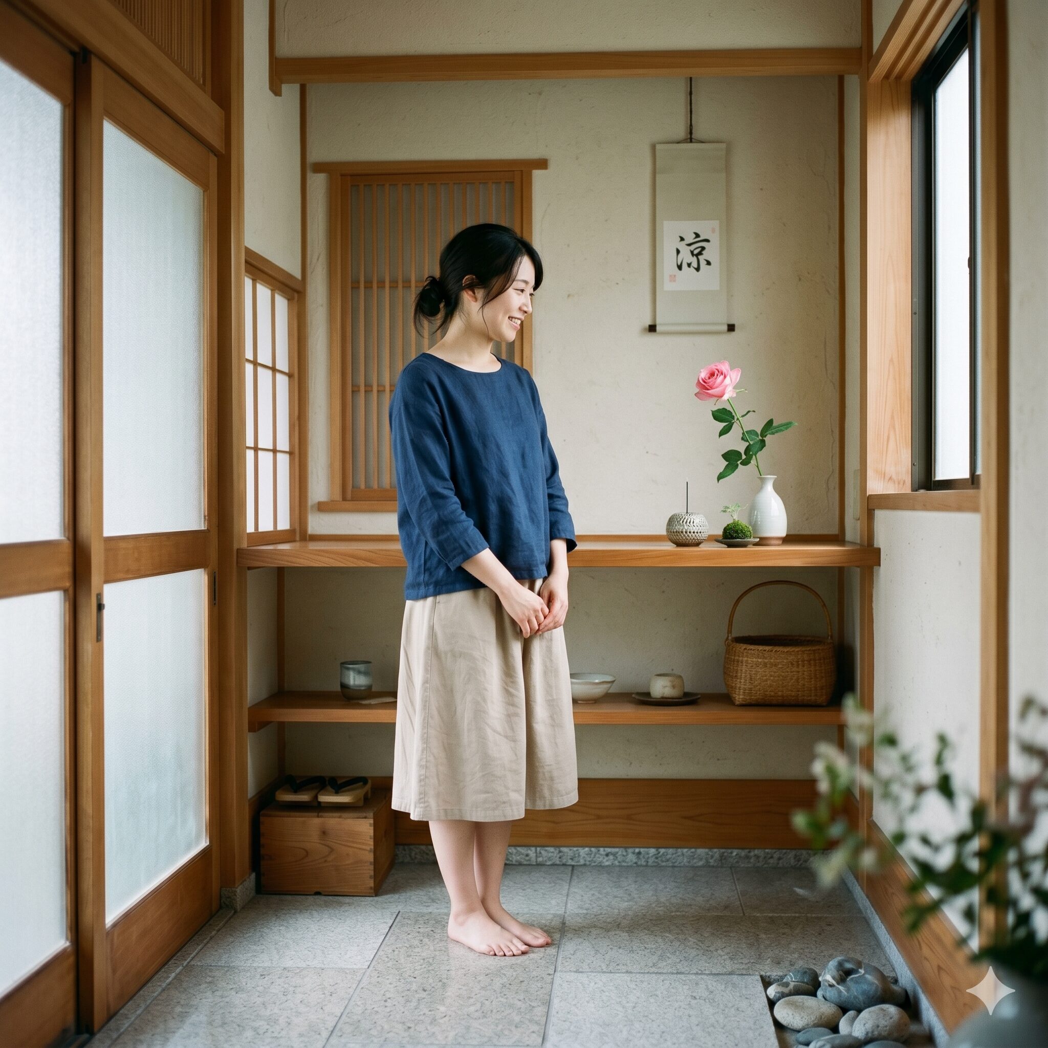 バラ 切り花 日持ち9　直射日光や暖房を避けた涼しい玄関に置かれたバラの切り花