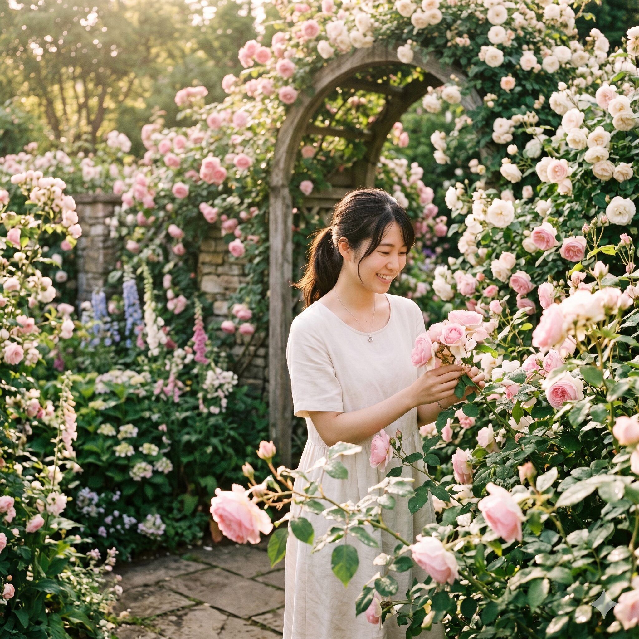 バラ 季節 いつ1　春の満開時期を迎えた色鮮やかで華やかなイングリッシュガーデンのバラ園
