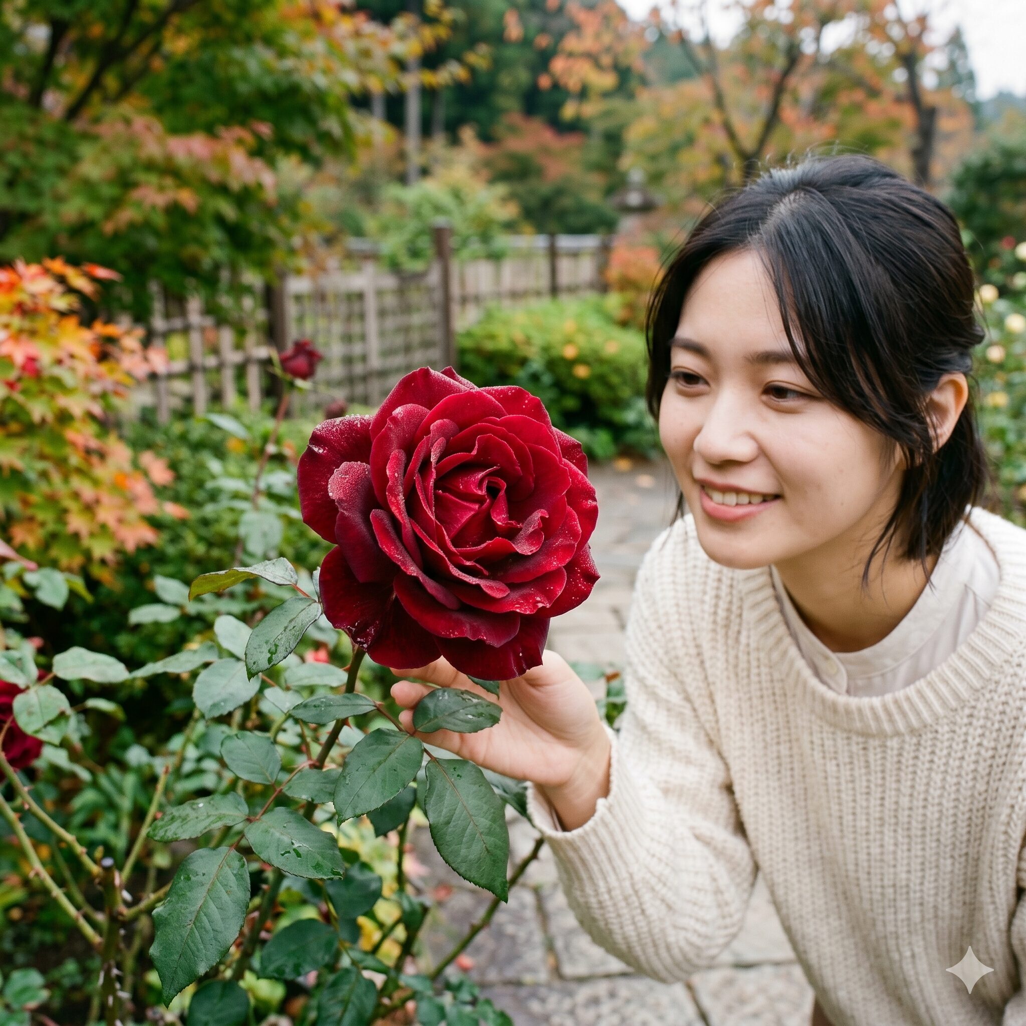 バラ 季節 いつ4　秋の冷え込みによって深みと濃厚な色彩を増した秋バラのアップ