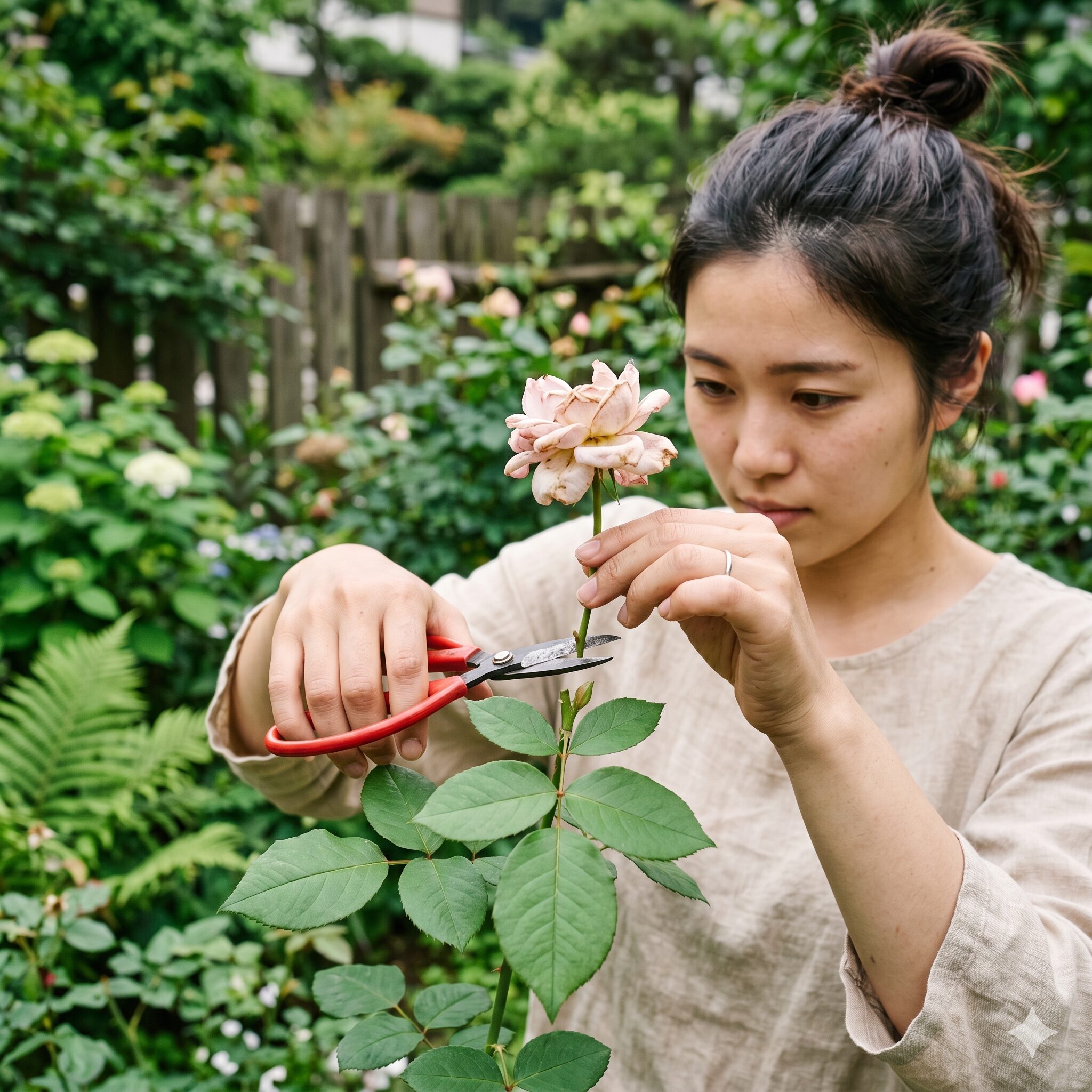 バラ 季節 いつ8　次の花を咲かせるためのバラの花がら摘みの位置と切り方の解説