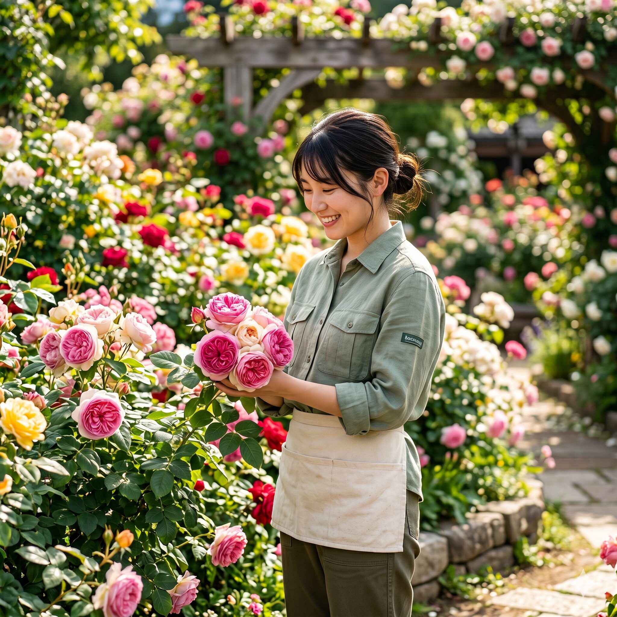 バラ 庭に植えてはいけない1　住宅の庭でバラの栽培を楽しむ女性のイメージ。バラを庭に植える魅力と管理の重要性を表現。