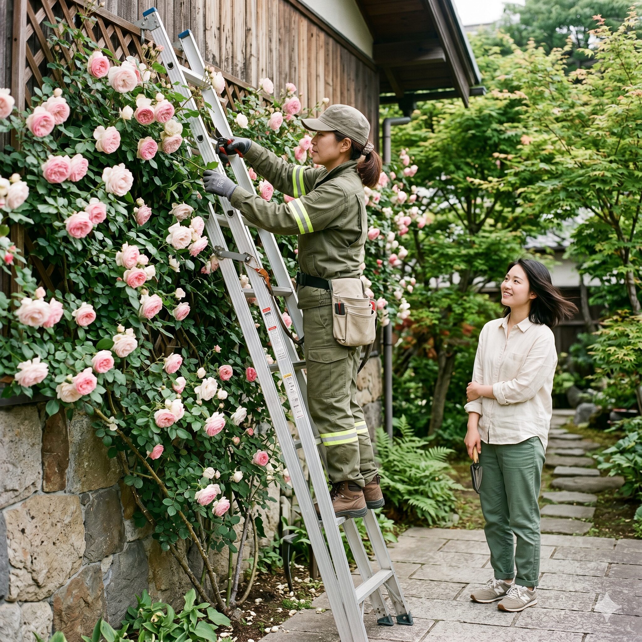 バラ 庭に植えてはいけない10　専門業者による高所のバラ剪定作業。プロの技術で安全に管理し、近隣トラブルを防止する方法。