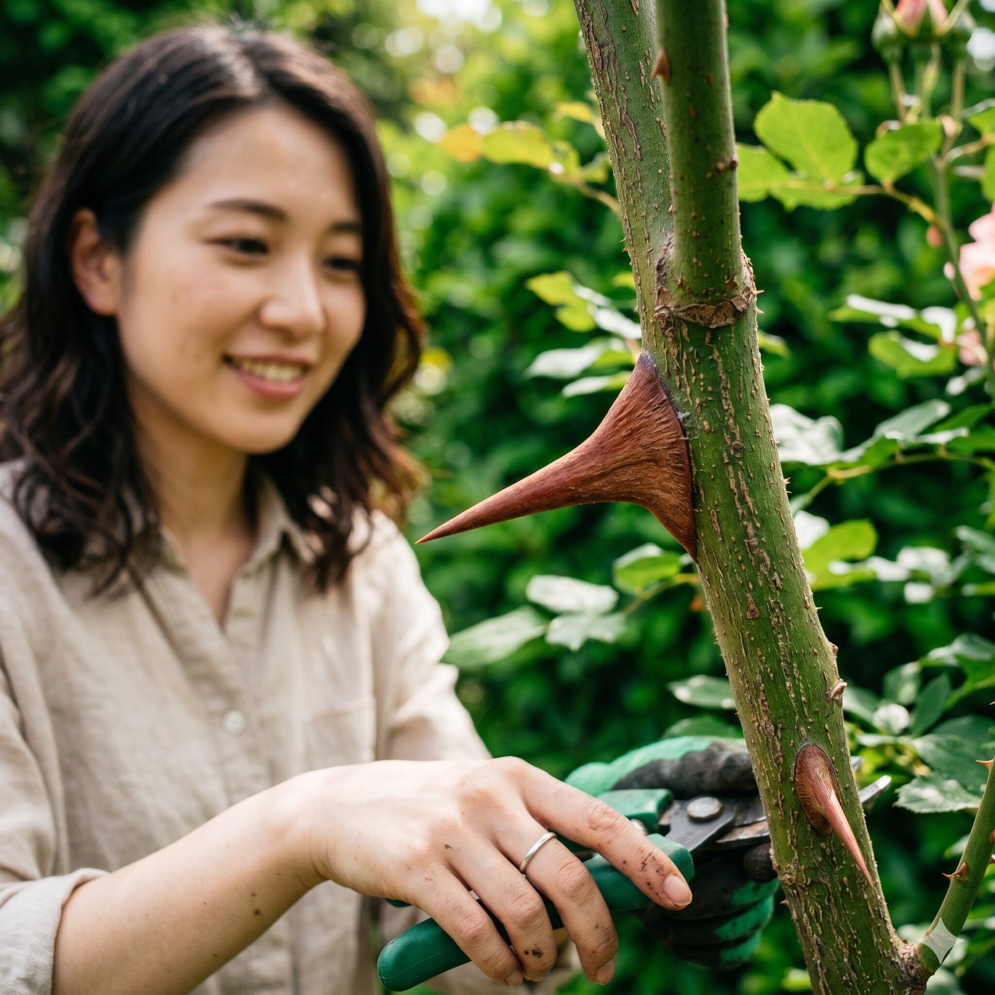 バラ 庭に植えてはいけない2　バラの茎に生えた鋭いトゲの拡大写真。庭植えの際に注意すべき怪我のリスクを解説。