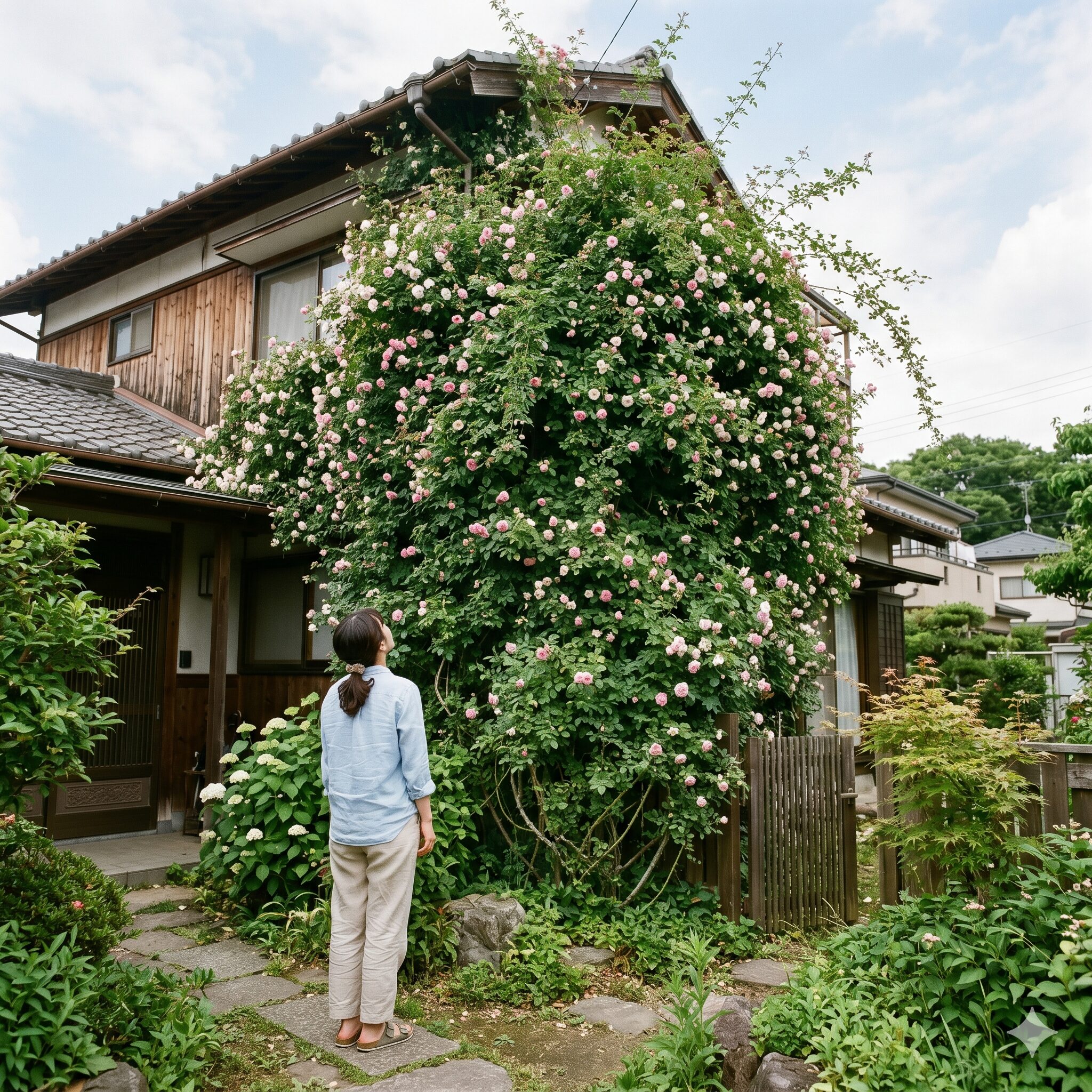 バラ 庭に植えてはいけない3　家の壁を覆い尽くすほど巨大化したつるバラ。庭植えで後悔しやすい成長速度と巨大化のリスクを提示。