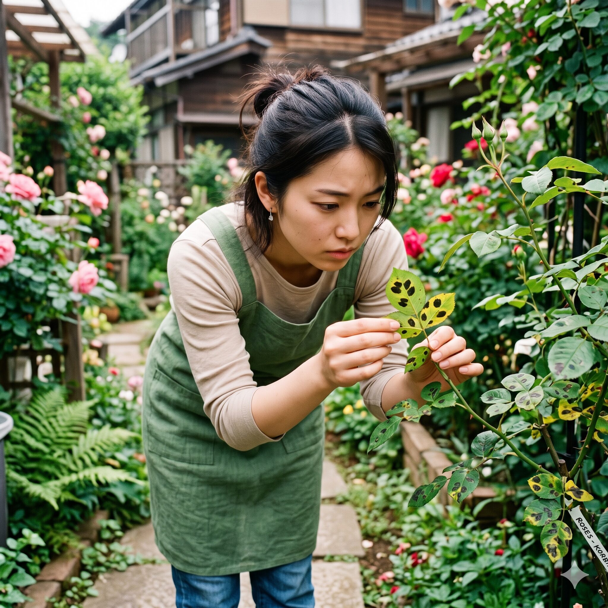 バラ 庭に植えてはいけない4　バラの葉の病気をチェックする女性。黒星病やうどんこ病など、バラ栽培に欠かせない病害虫対策の様子。